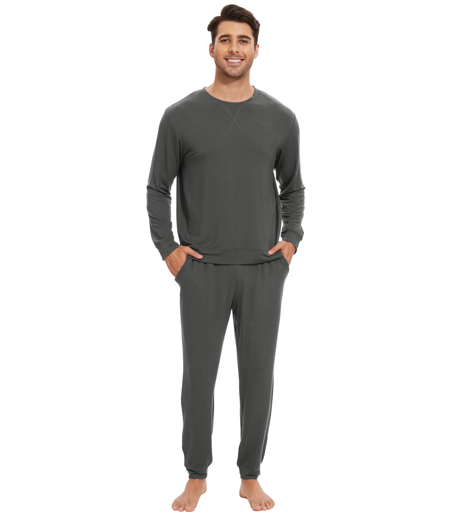 WiWi French Terry Men's Pajama Sets Sweatsuit Long Sleeve Top and Pants with Pockets