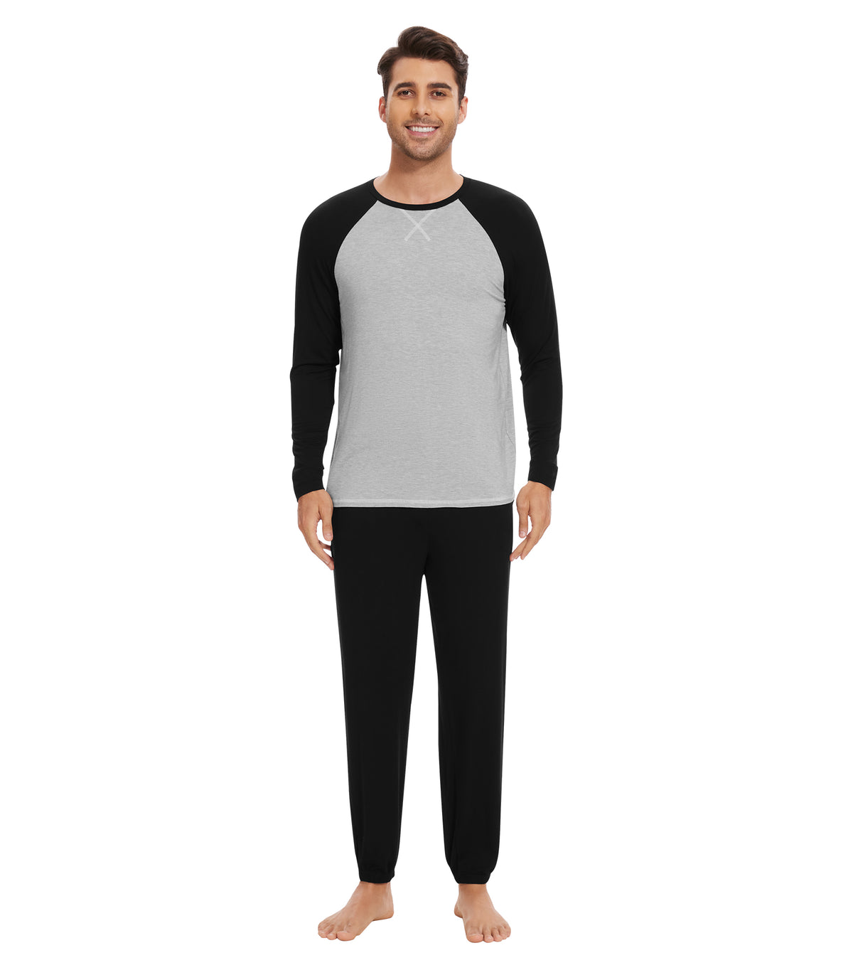 WiWi Mens Pajama Set Drawstring Jogger with Pocket Long Sleeve Sleepwear Loungewear Viscose from Bamboo S-XXL, Light Heather Grey/Black, Medium