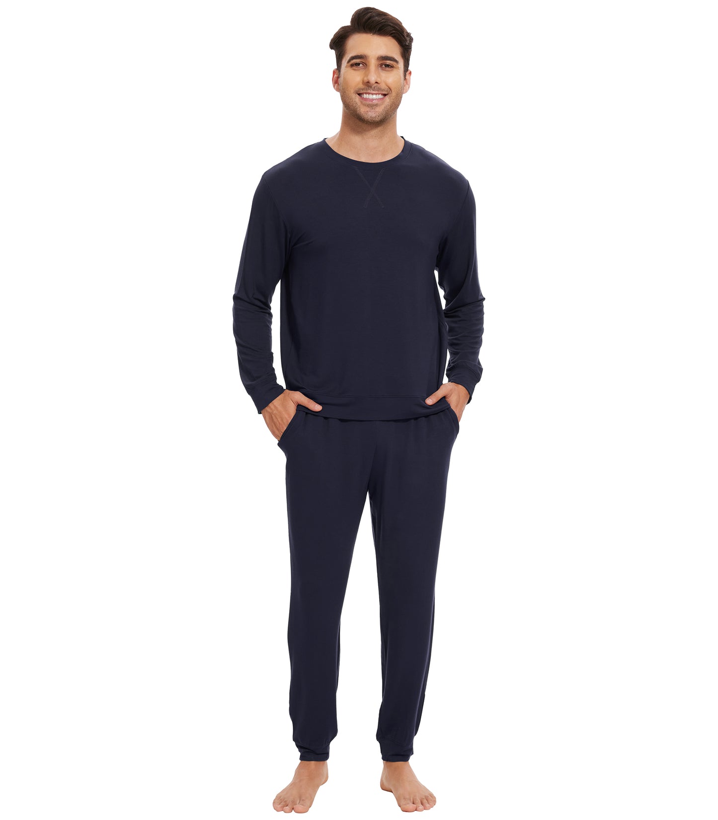 WiWi French Terry Men's Pajama Sets Sweatsuit Long Sleeve Top and Pants with Pockets