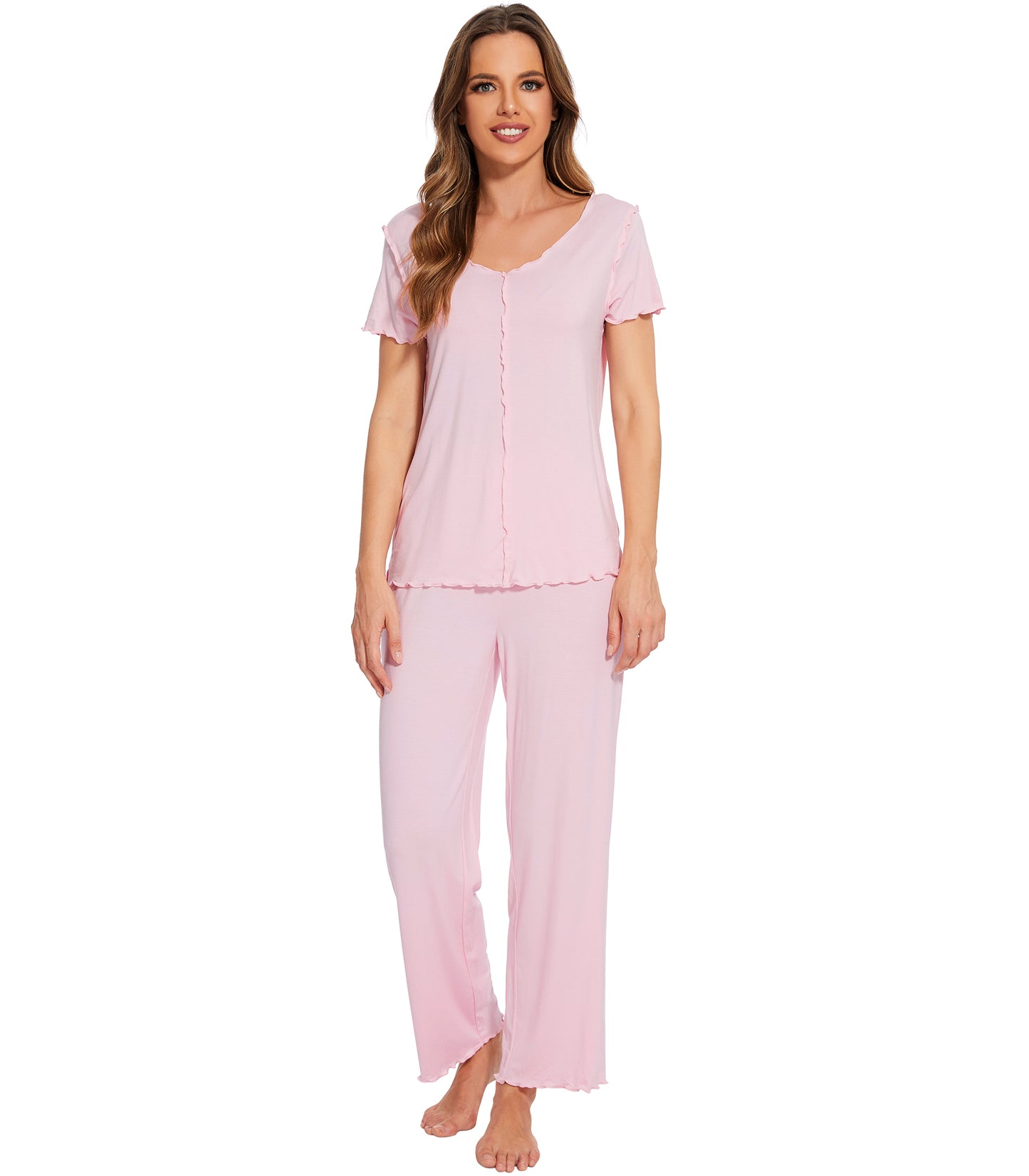 WiWi Womens Bamboo Pajama Set Ruffle Seam Sleepwear