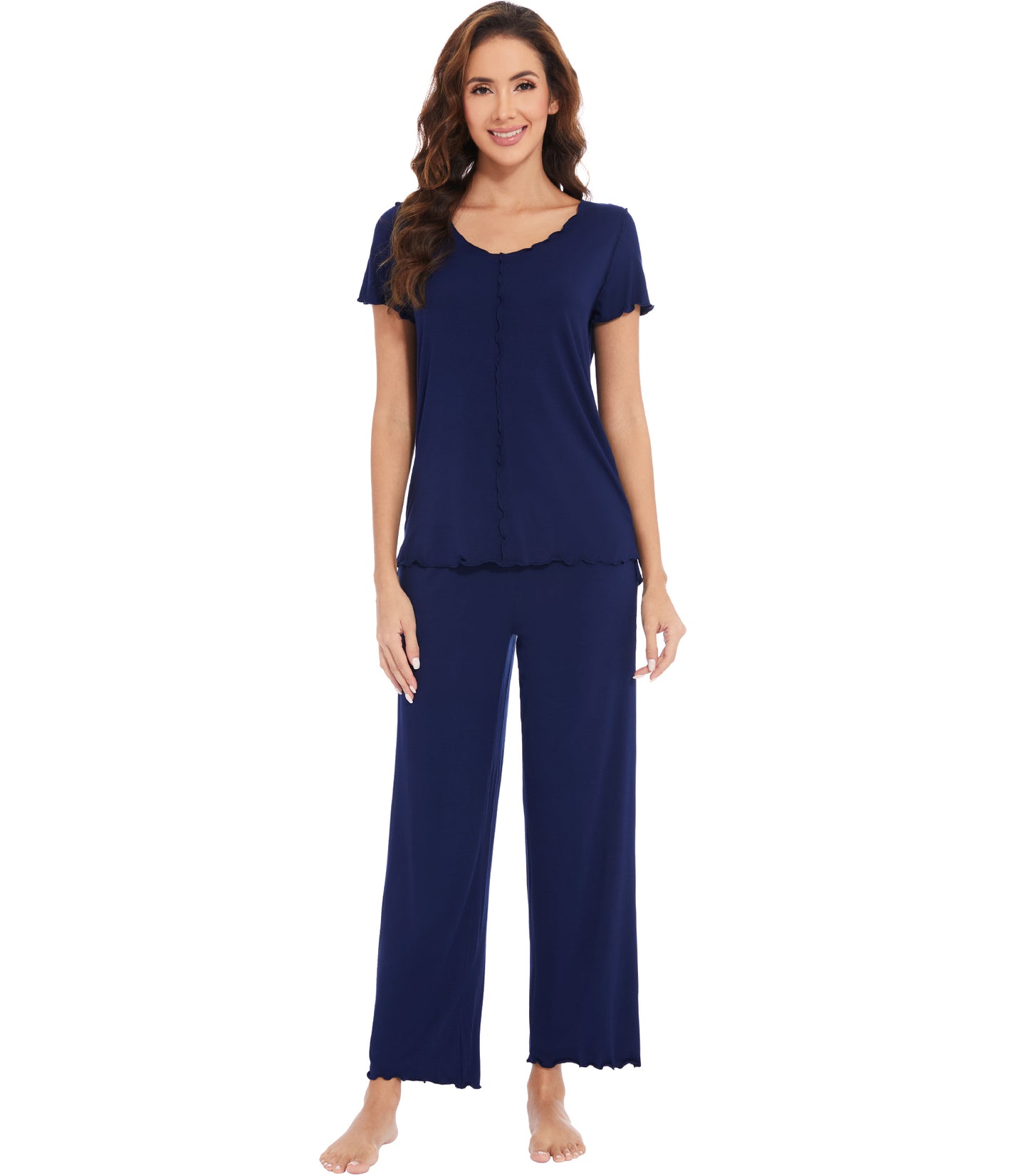 WiWi Womens Bamboo Pajama Set Ruffle Seam Sleepwear