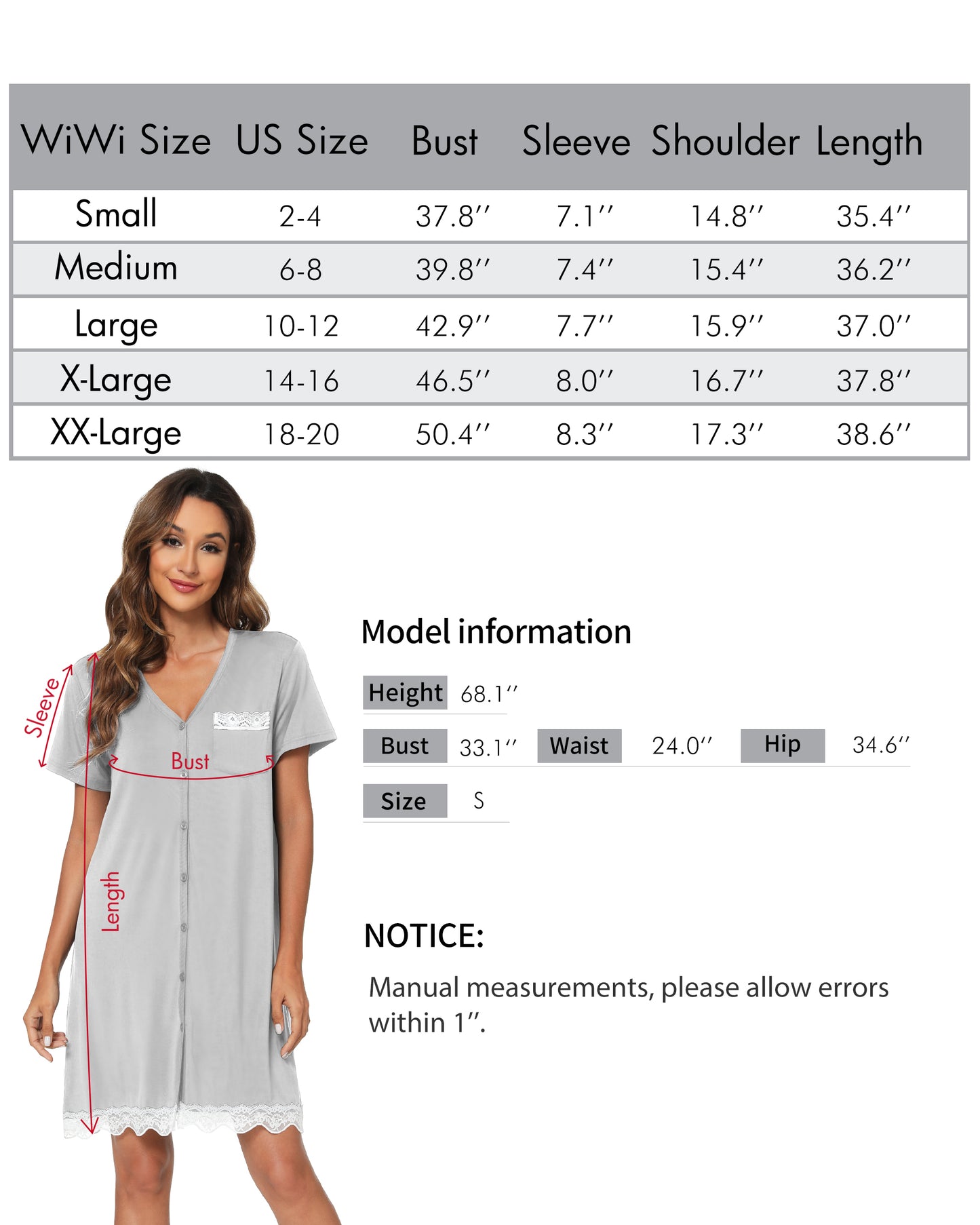 WiWi Bamboo Womens Loose Short Sleeve Nightgown