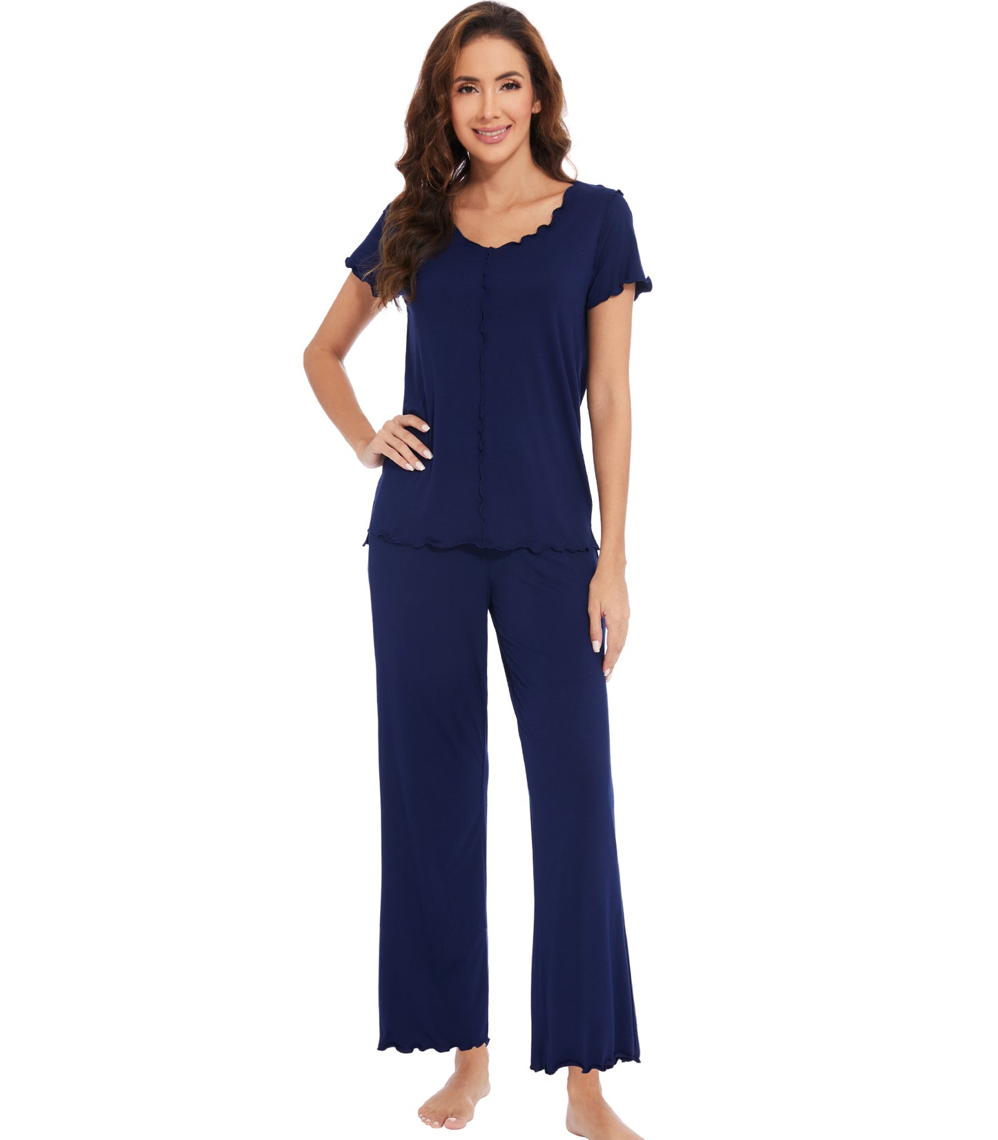 WiWi Womens Bamboo Pajama Set Ruffle Seam Sleepwear