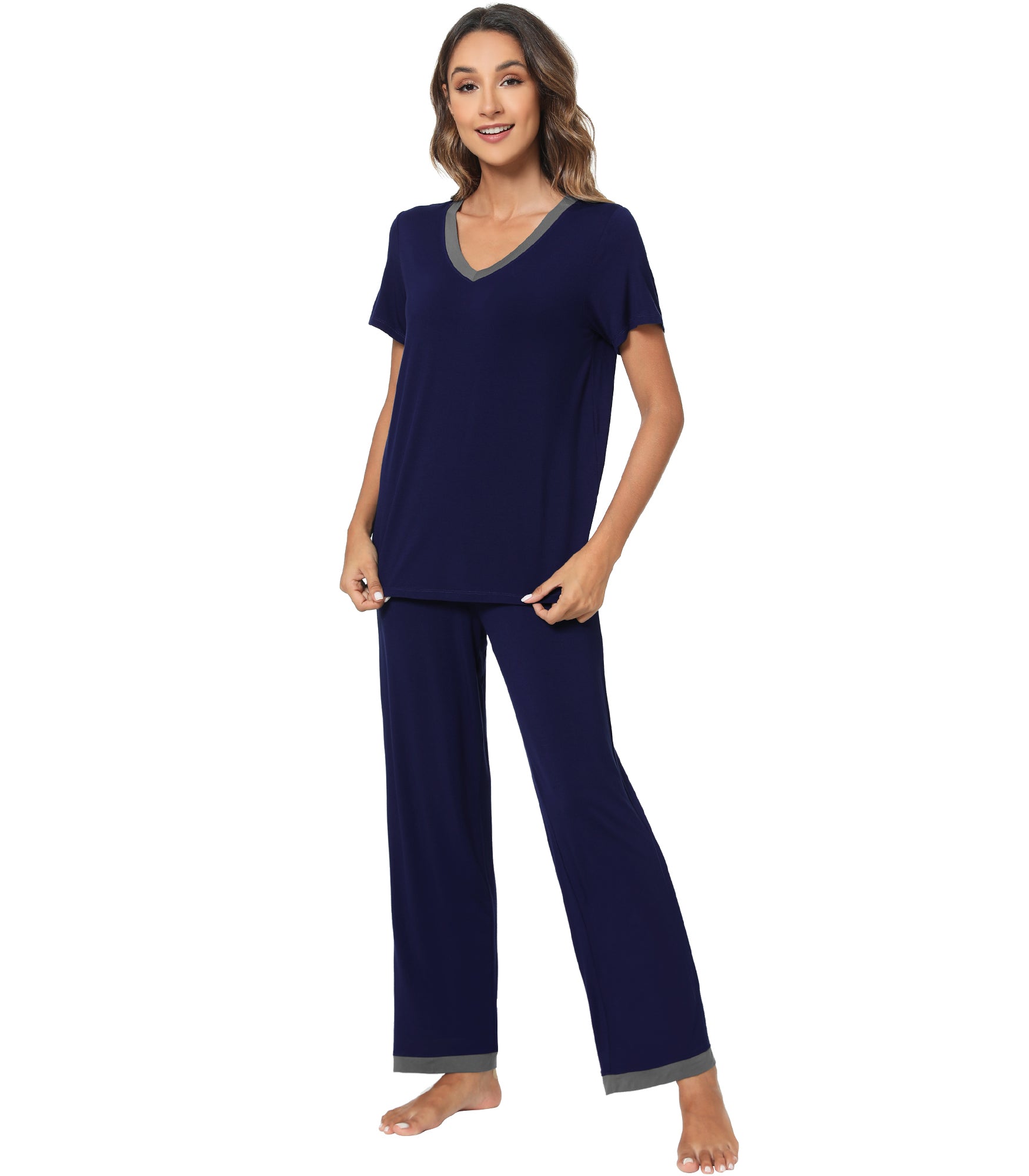 WiWi Women's Bamboo Pajama Set - Short Sleeve V-Neck Pajamas With Pants, Lightweight Loungewear S-XXL
