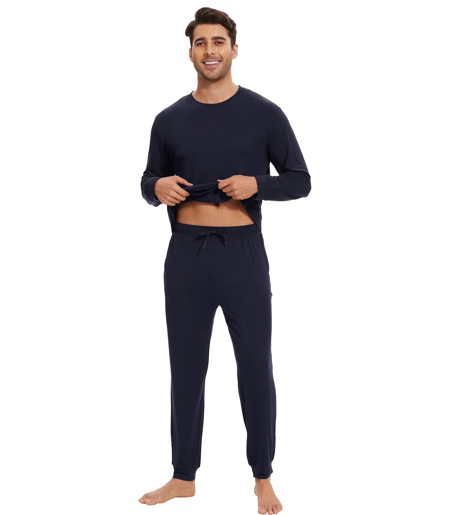 WiWi French Terry Men's Pajama Sets Sweatsuit Long Sleeve Top and Pants with Pockets