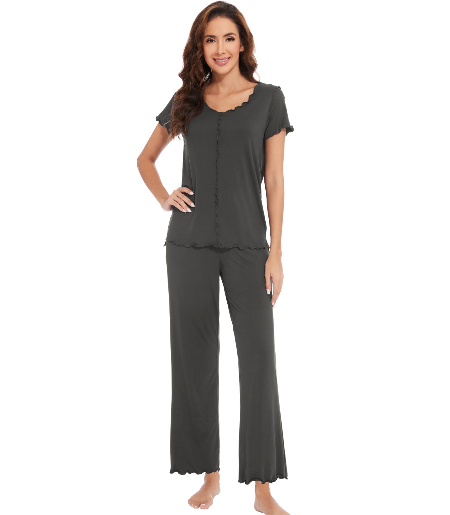 WiWi Womens Bamboo Pajama Set Ruffle Seam Sleepwear