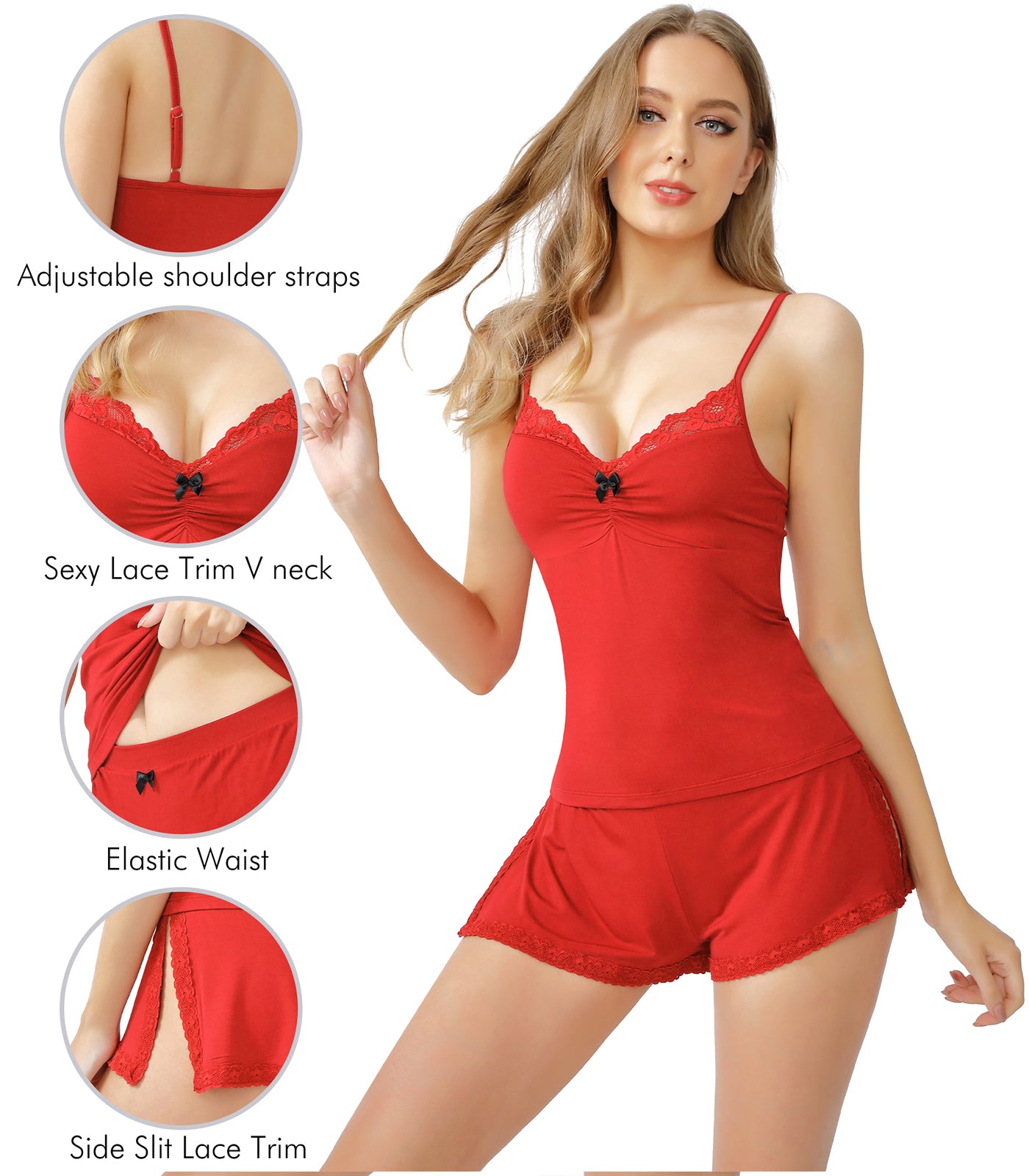 WiWi Women's Bamboo Sexy Lace Cami Pajamas Set