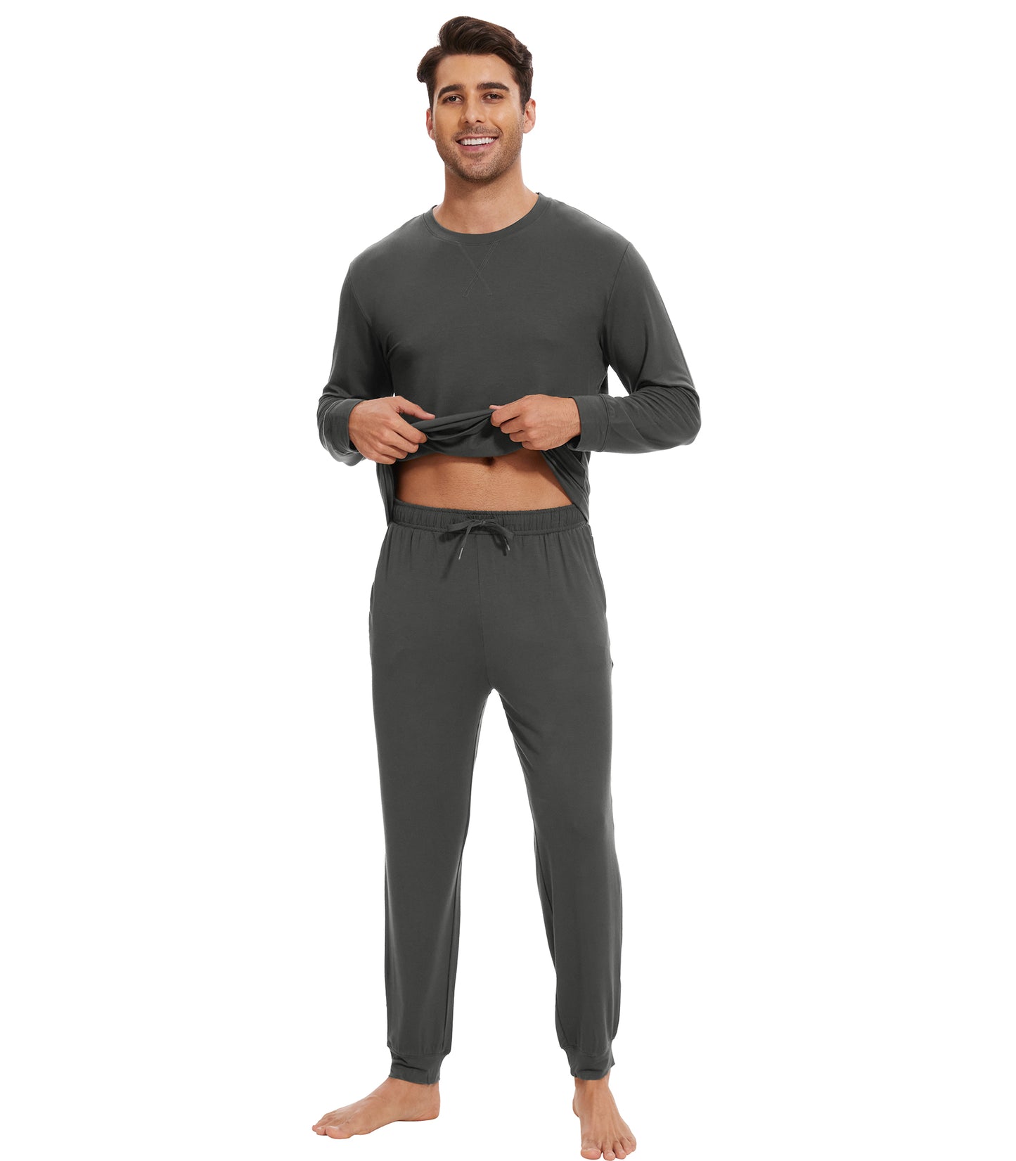 WiWi French Terry Men's Pajama Sets Sweatsuit Long Sleeve Top and Pants with Pockets