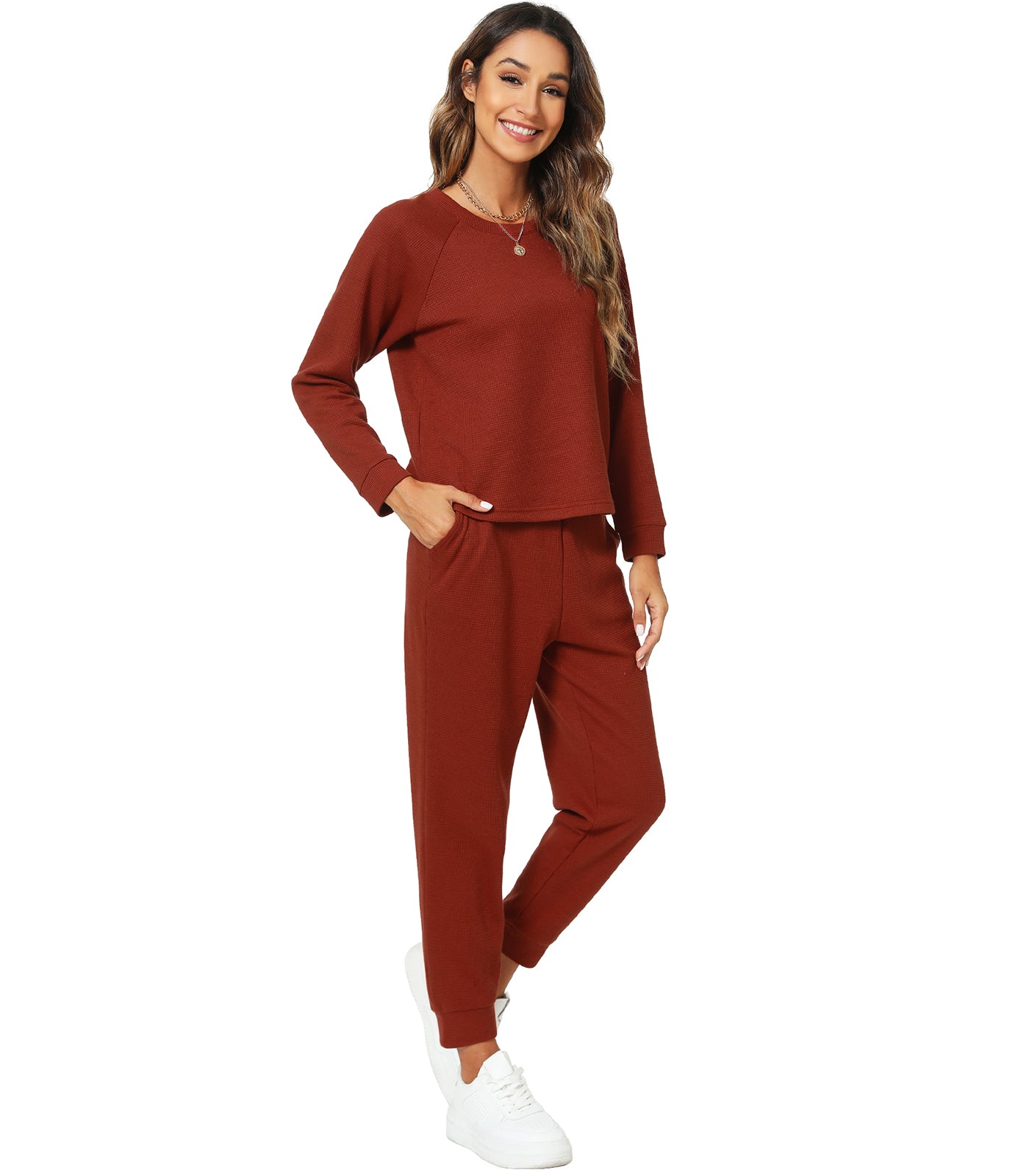WiWi Womens Waffle Knit Pajamas Set with Pockets
