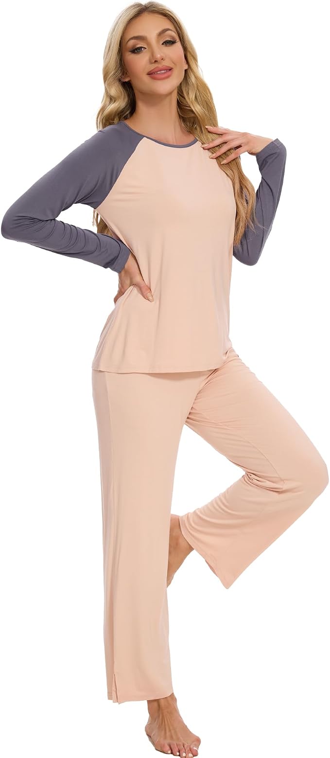 WiWi Women's Pajama Set Comfy Long Sleeve Tee Pants Sleepwear Soft Viscose from Bamboo 2 Piece Nightwear Pjs S-XXL