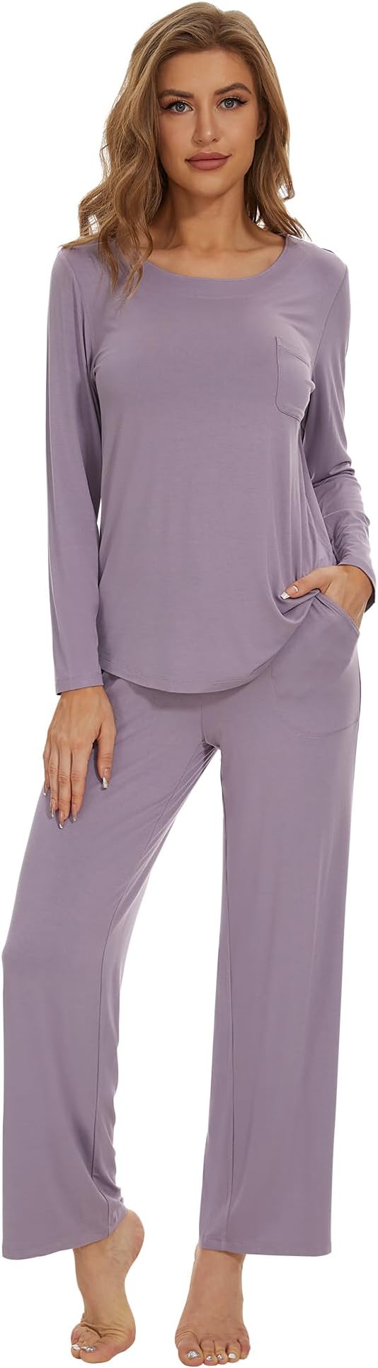 WiWi Women's Pajama Set Comfy Long Sleeve Tee Pants Sleepwear Soft Viscose from Bamboo 2 Piece Nightwear Pjs S-XXL