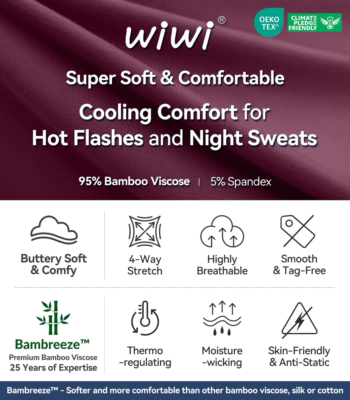 WiWi Bamboo Pajamas for Women Soft 3/4 Sleeve Sleepwear Casual Pj Set
