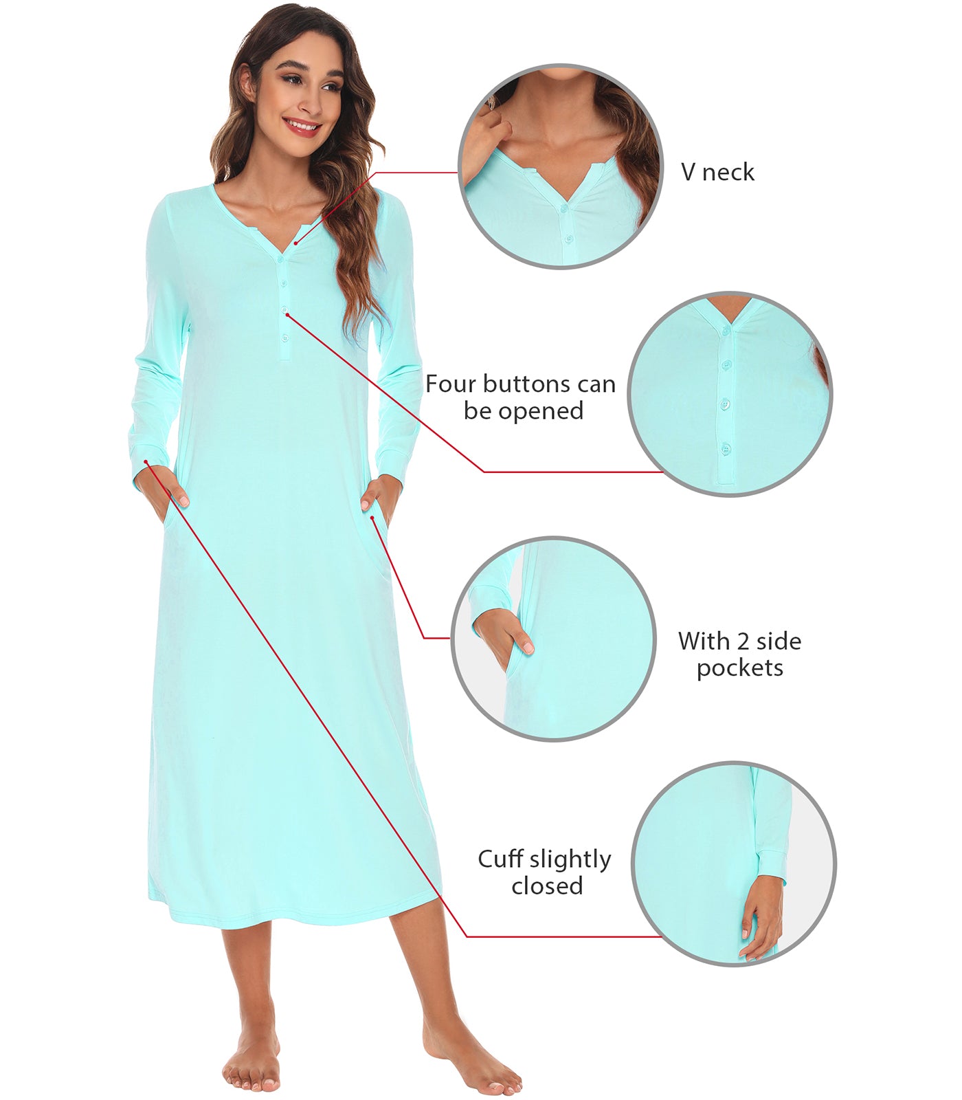 WiWi Nightgowns for Women Soft Long Sleeve Nightshirts