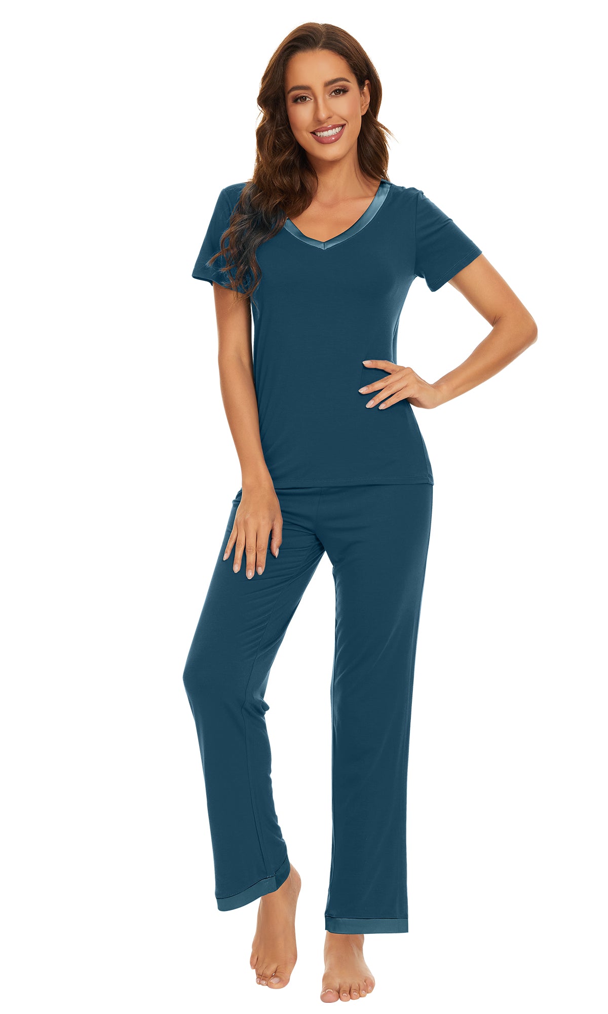 WiWi Bamboo Pajamas Set Soft Sleepwear Short Sleeve Top with Pant