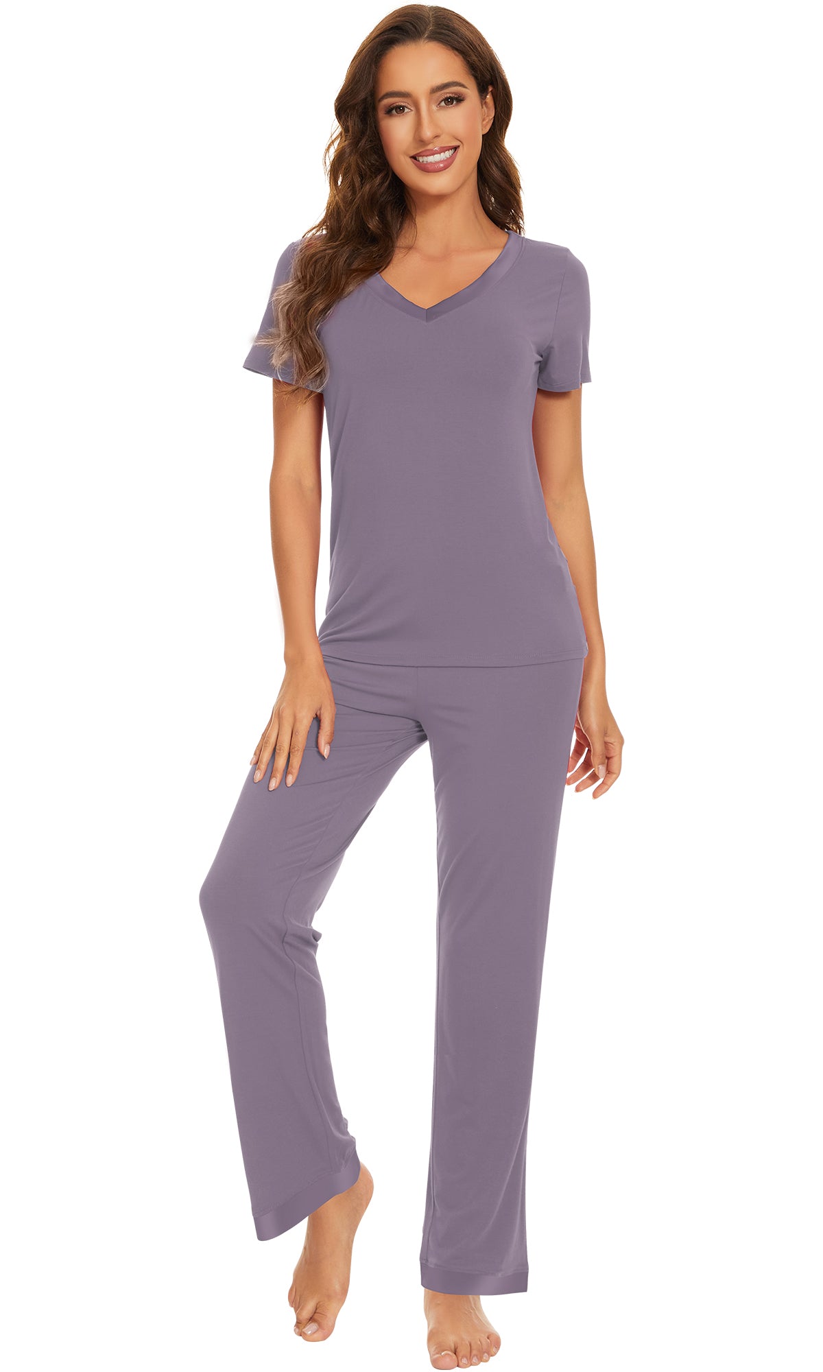 WiWi Bamboo Pajamas Set Soft Sleepwear Short Sleeve Top with Pant