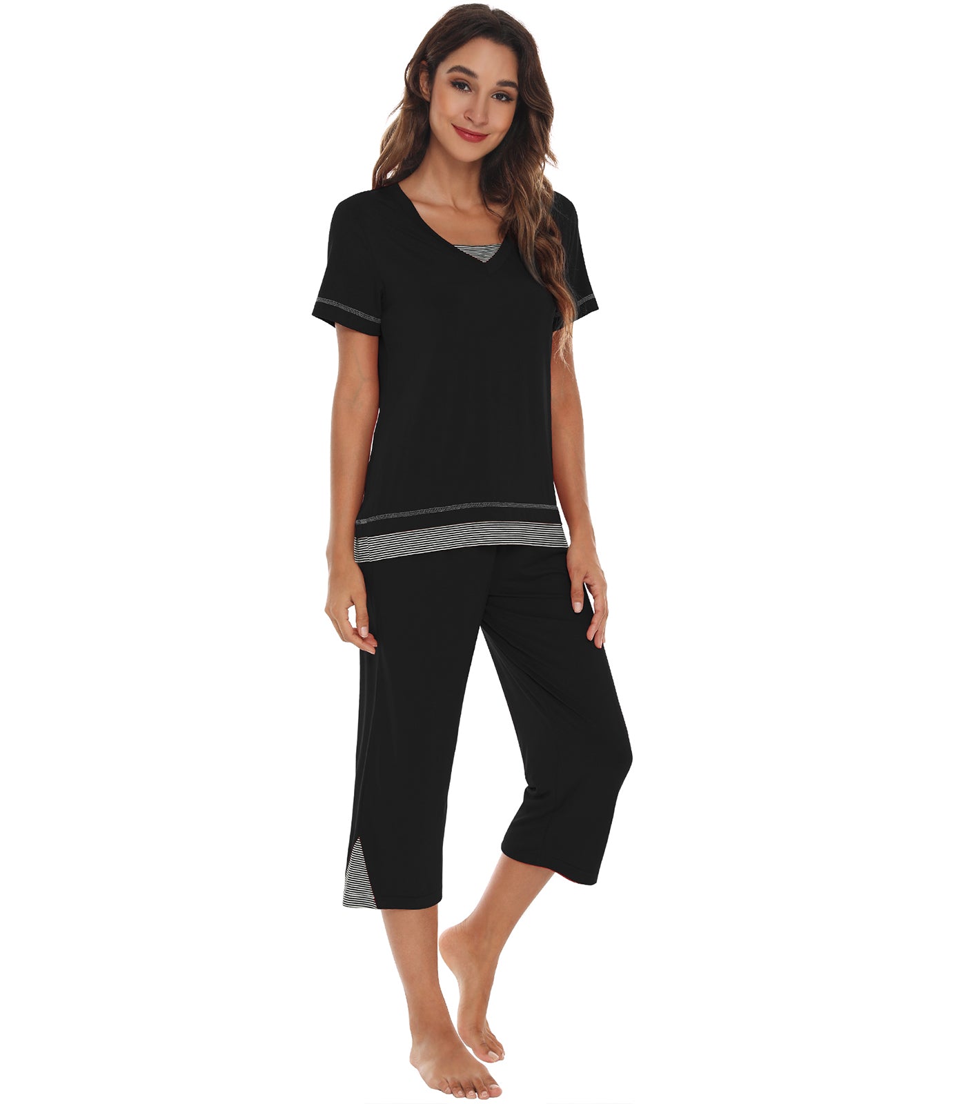 WiWi Women's Bamboo Pajamas Set - V-Neck Short Sleeve Top & Capri Pants, Buttery Soft Sleepwear