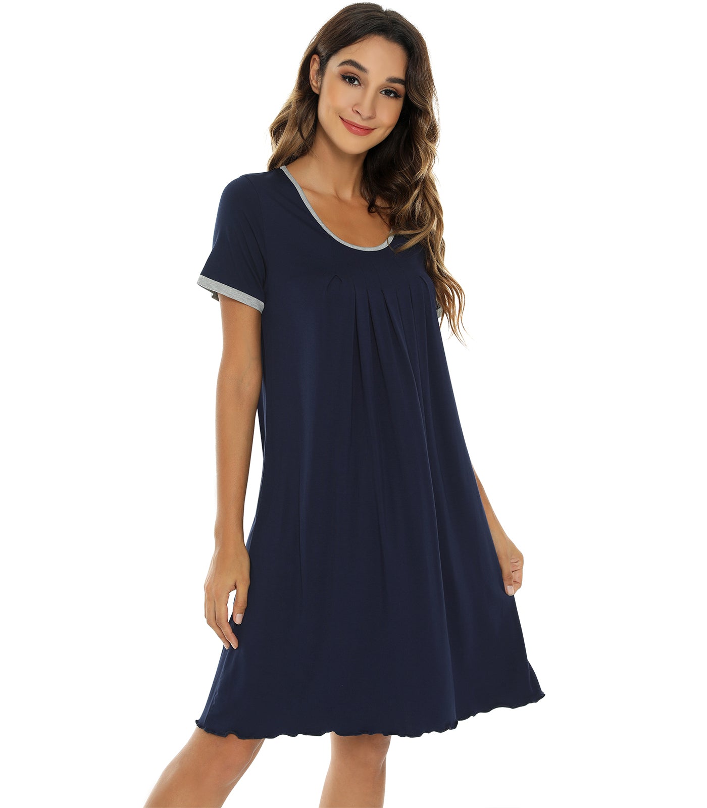 WiWi Bamboo nightgowns for Women Pleated Sleep Shirt Short Sleeve