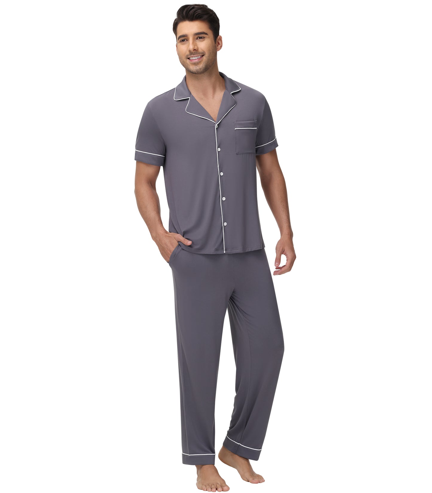 WiWi Men's Pajama Set Button Down Classic Notch Collar Loungewear
