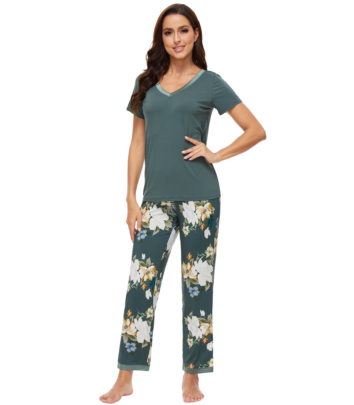 WiWi Bamboo Pajamas Set Soft Sleepwear Short Sleeve Top with Pant