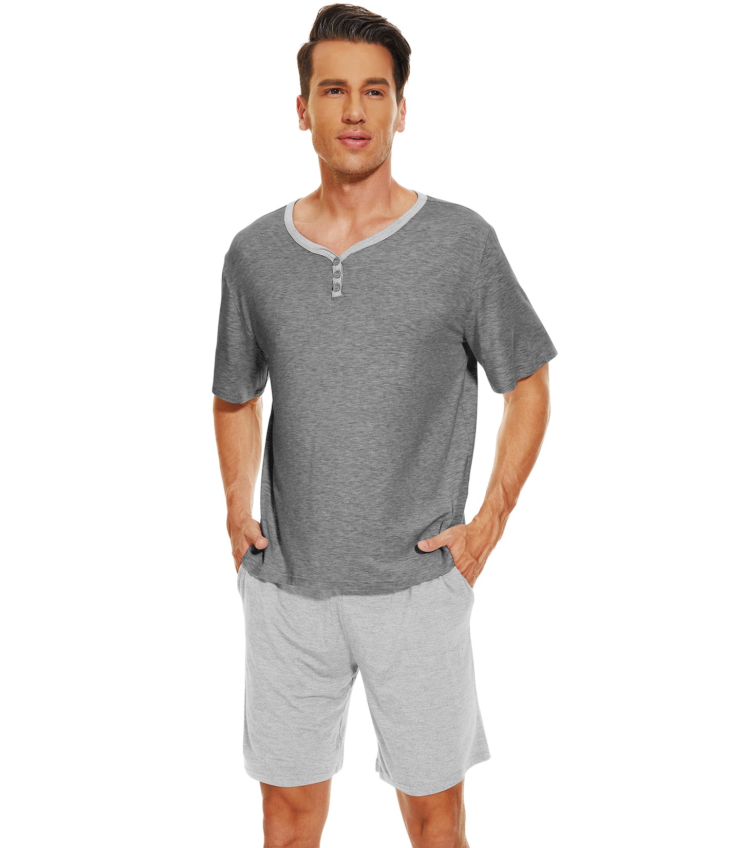 WiWi Men's Bamboo Pajama Sets Short Sleeve Tops and Shorts