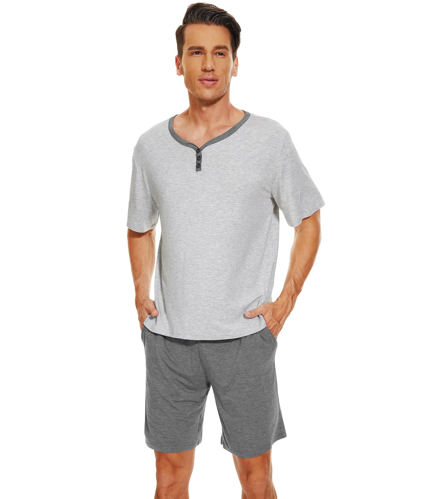 WiWi Men's Bamboo Pajama Sets Short Sleeve Tops and Shorts