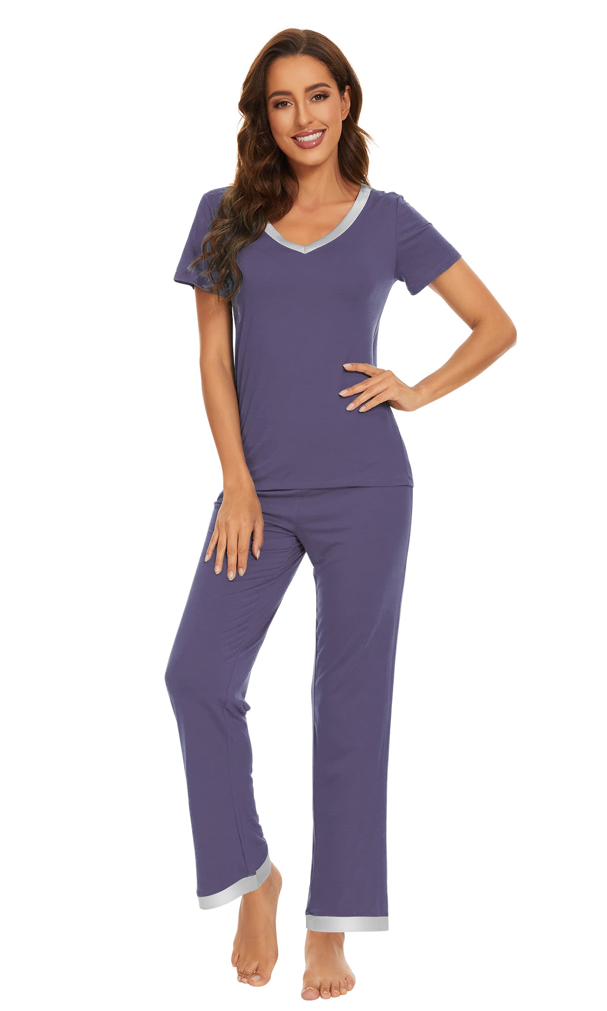 WiWi Bamboo Pajamas Set Soft Sleepwear Short Sleeve Top with Pant