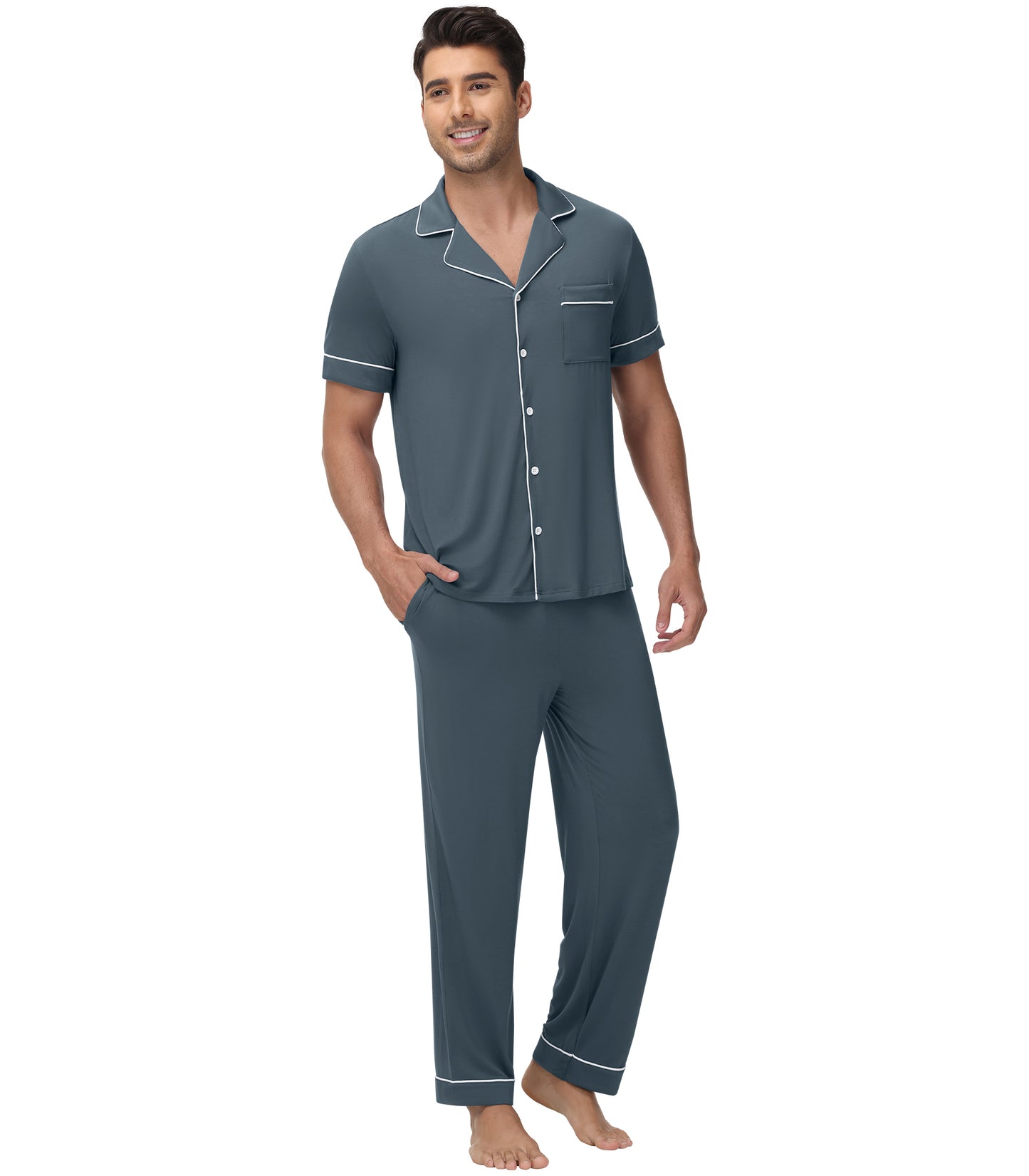 WiWi Men's Pajama Set Button Down Classic Notch Collar Loungewear