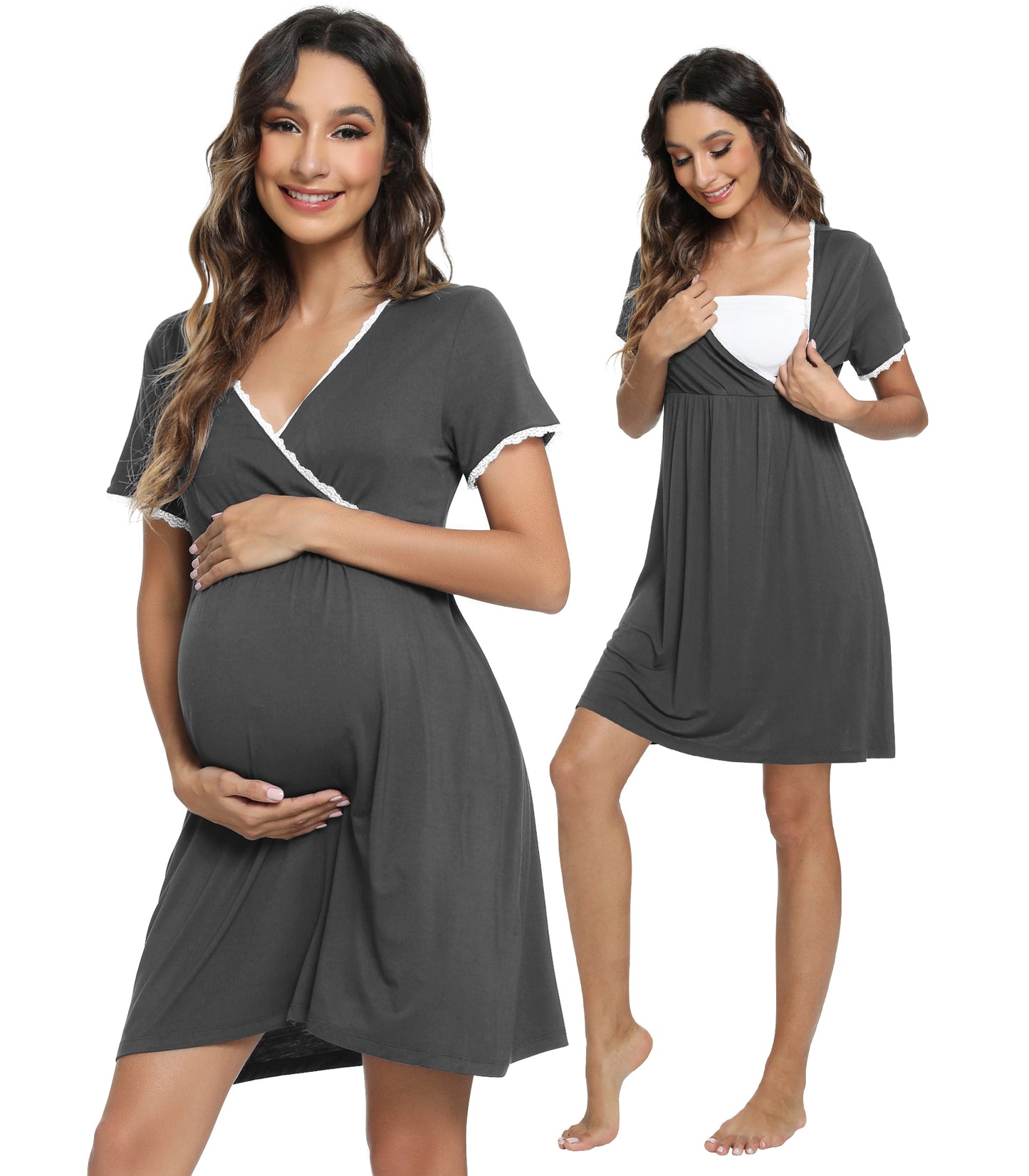 WiWi Bamboo 3 in 1 Maternity/Nursing/Delivery/Labor Nightgown Pleated  Breastfeeding Sleep Dress Hospital Gown S-XXL