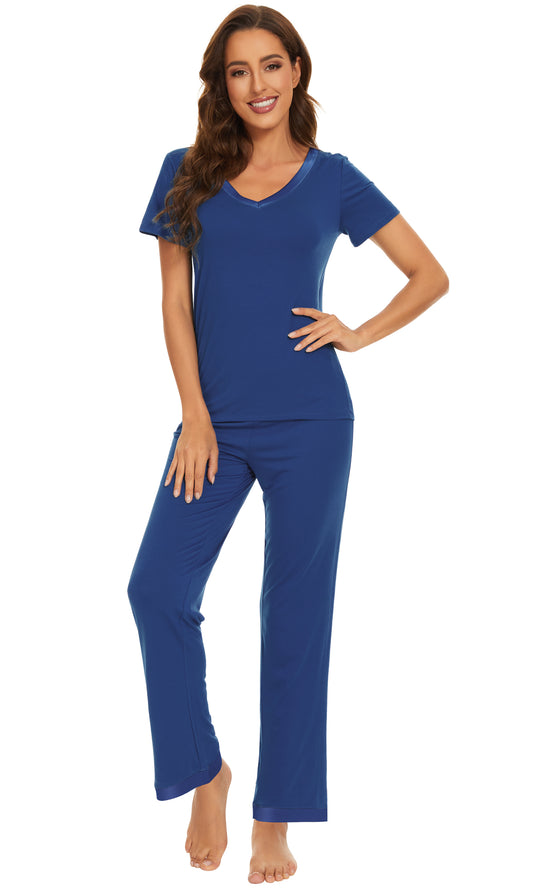 WiWi Bamboo Pajamas Set Soft Sleepwear Short Sleeve Top with Pant