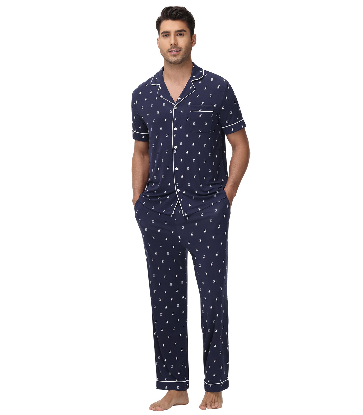 WiWi Men's Pajama Set Button Down Classic Notch Collar Loungewear