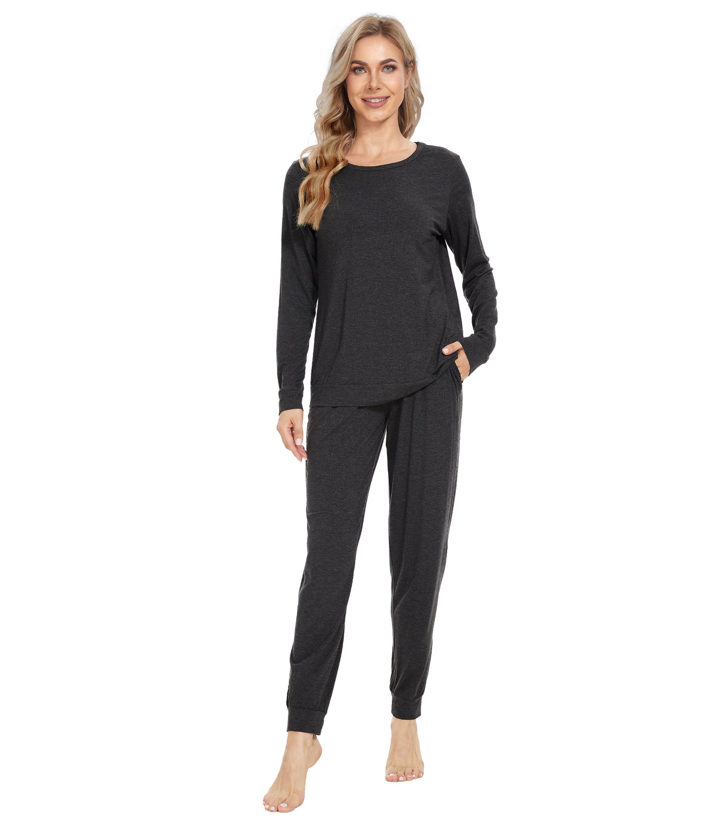 WiWi Women's Bamboo Pajama Sets Long Sleeves Top with Pants Loungewear Set