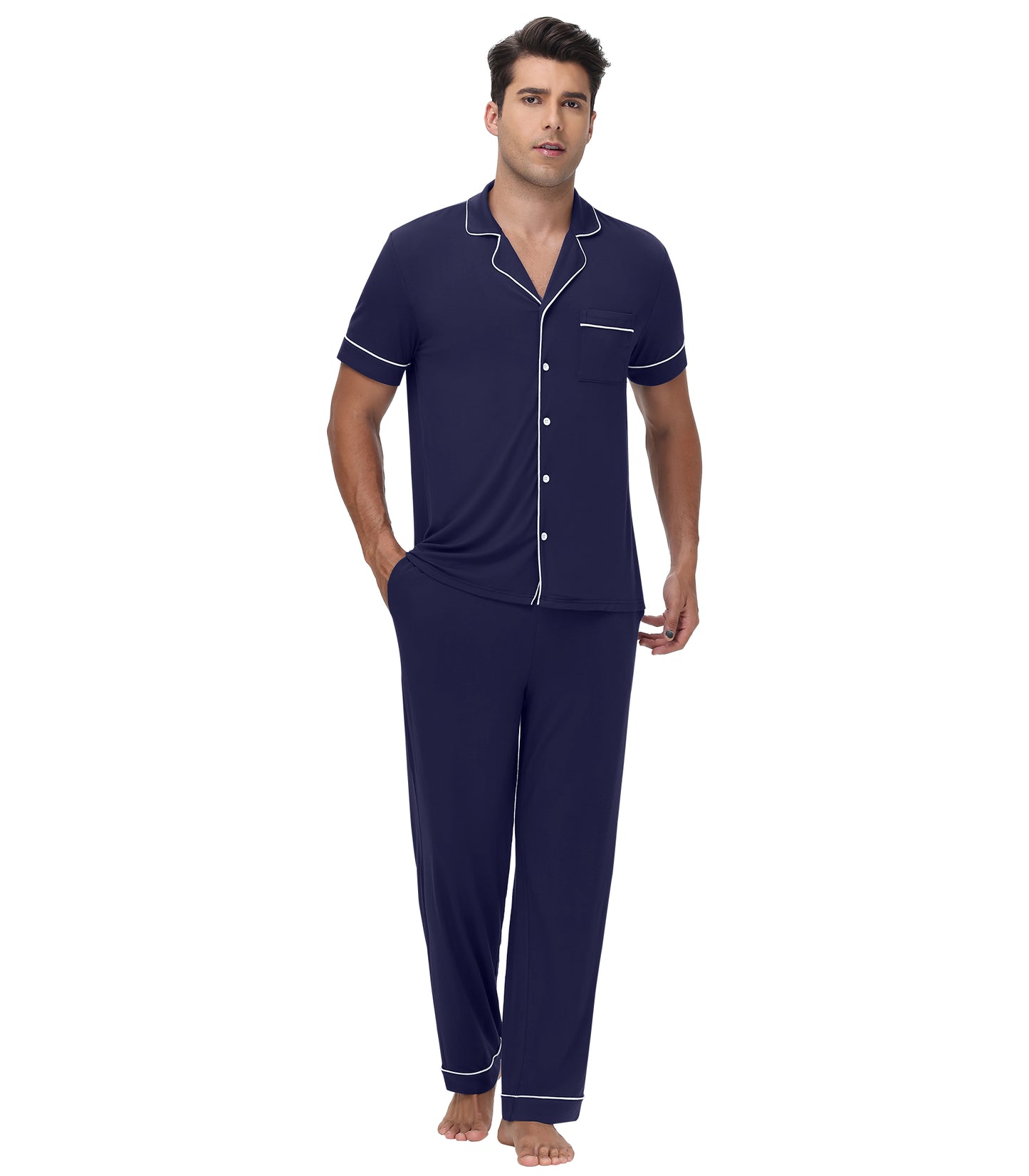WiWi Men's Pajama Set Button Down Classic Notch Collar Loungewear