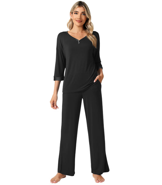 WiWi Bamboo Soft Satin Trimmed Pajamas Set