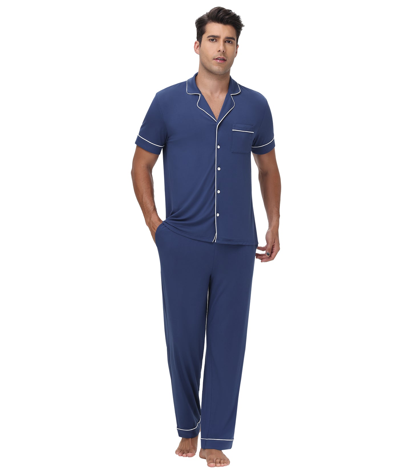 WiWi Men's Pajama Set Button Down Classic Notch Collar Loungewear