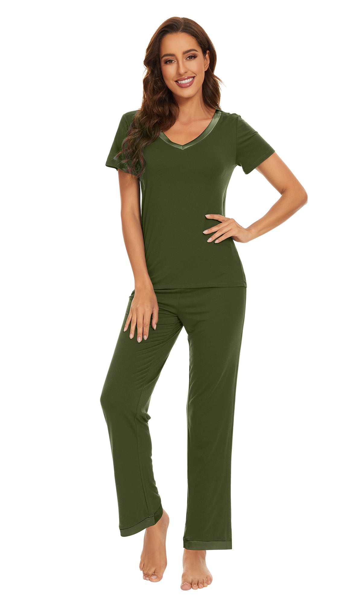 WiWi Bamboo Pajamas Set Soft Sleepwear Short Sleeve Top with Pant