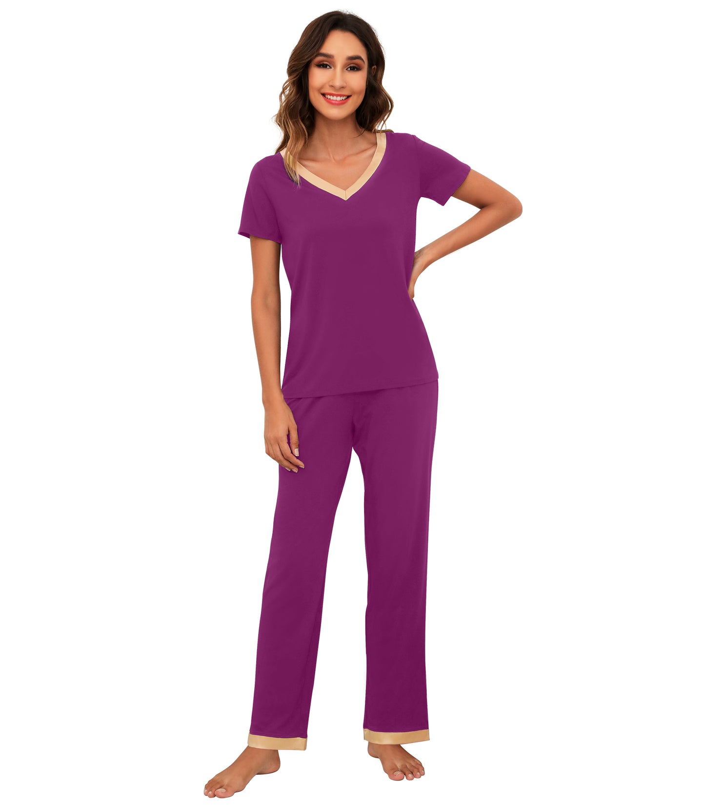 WiWi Bamboo Pajamas Set Soft Sleepwear Short Sleeve Top with Pant