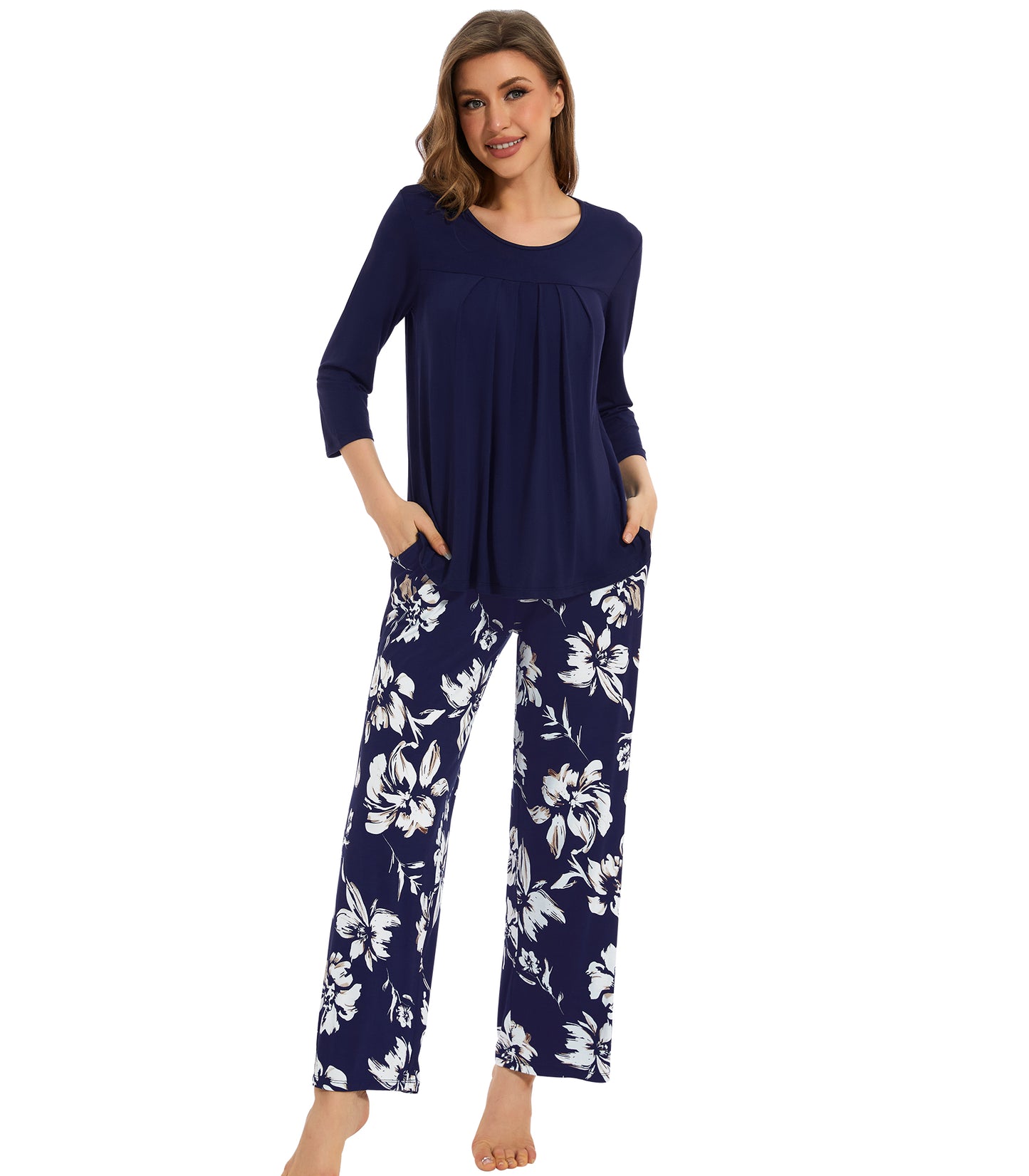 WiWi Women's Bamboo Pajamas Soft 3/4 Sleeve Pajama Sets 2 Pieces Pjs