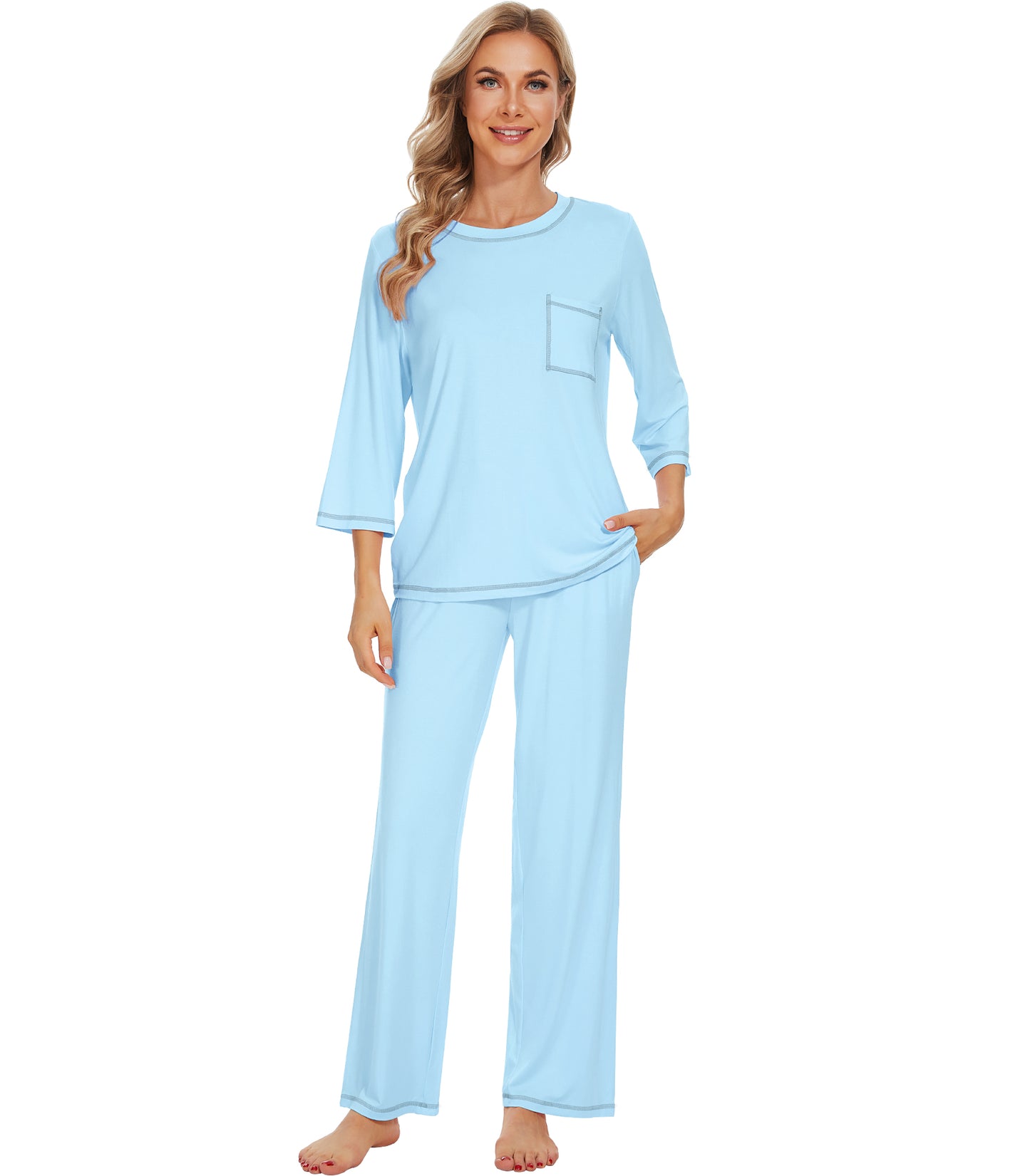 WiWi Women's Bamboo Pajama Sets Soft Loose Comfy Top with Pants