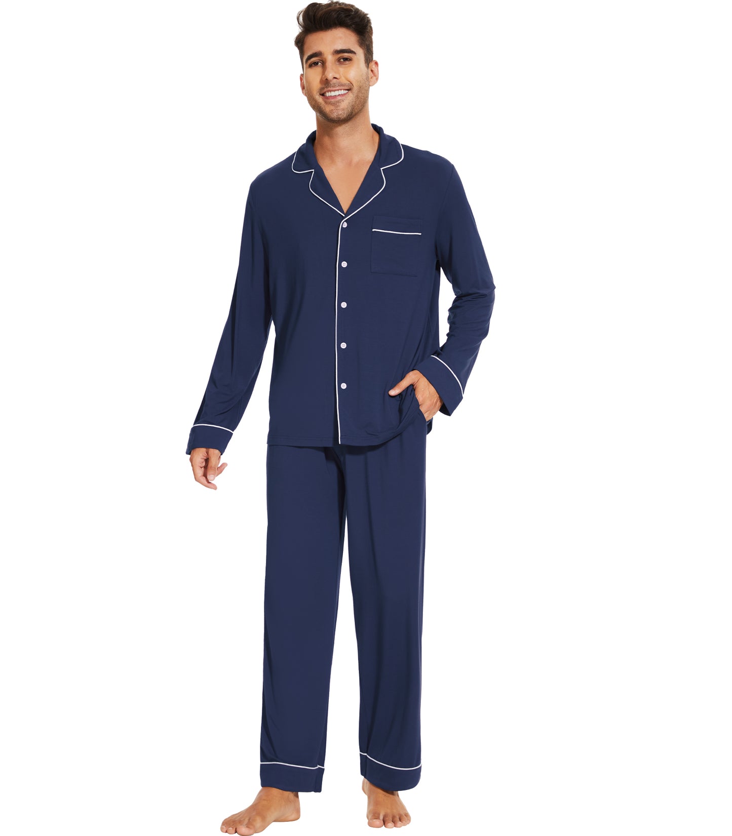WiWi Bamboo Mens Pajamas Set Soft Button Down Cooling PJs with Pockets