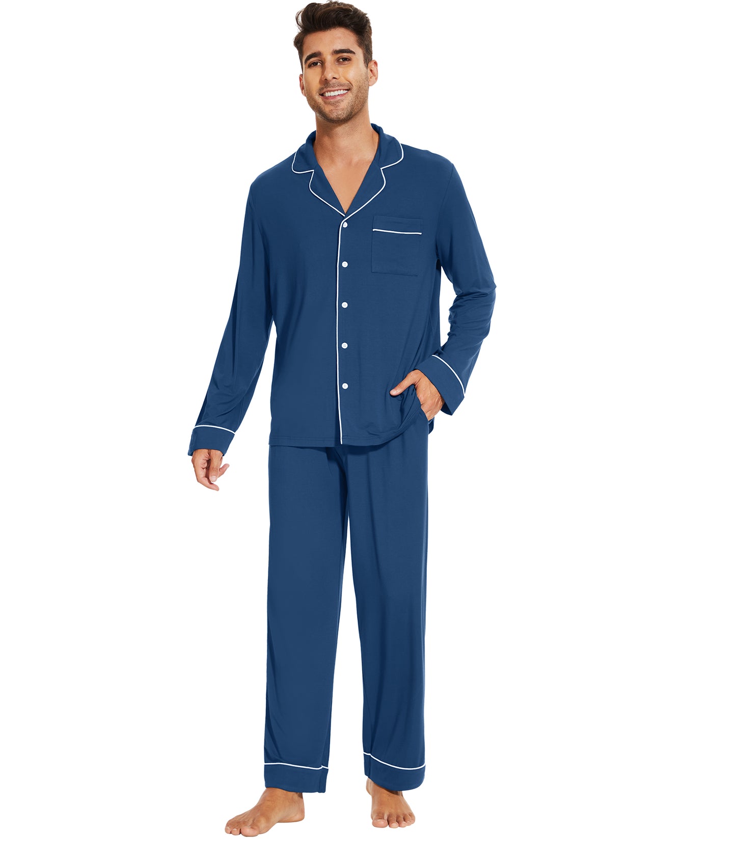 WiWi Bamboo Mens Pajamas Set Soft Button Down Cooling PJs with Pockets