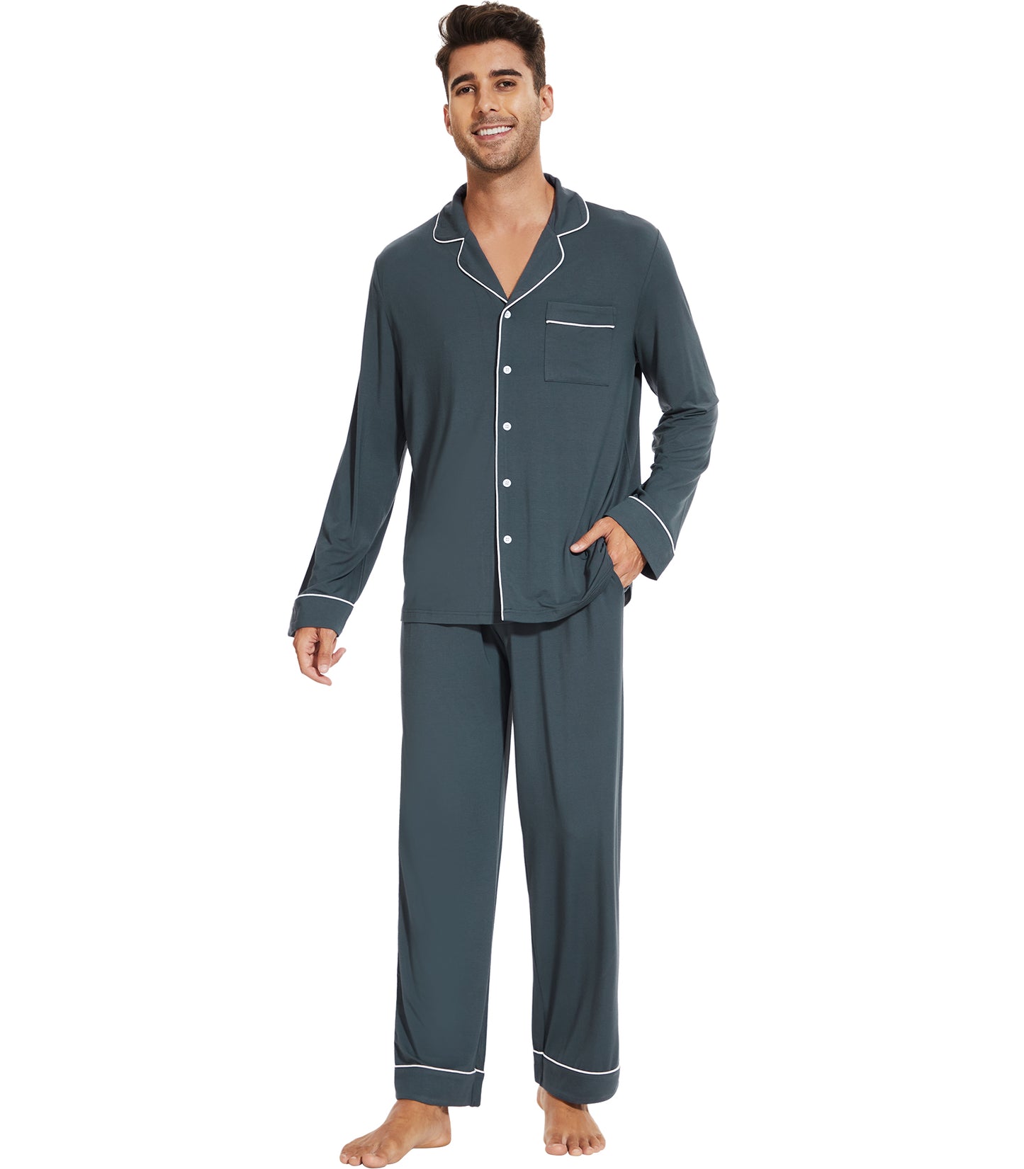 WiWi Bamboo Mens Pajamas Set Soft Button Down Cooling PJs with Pockets