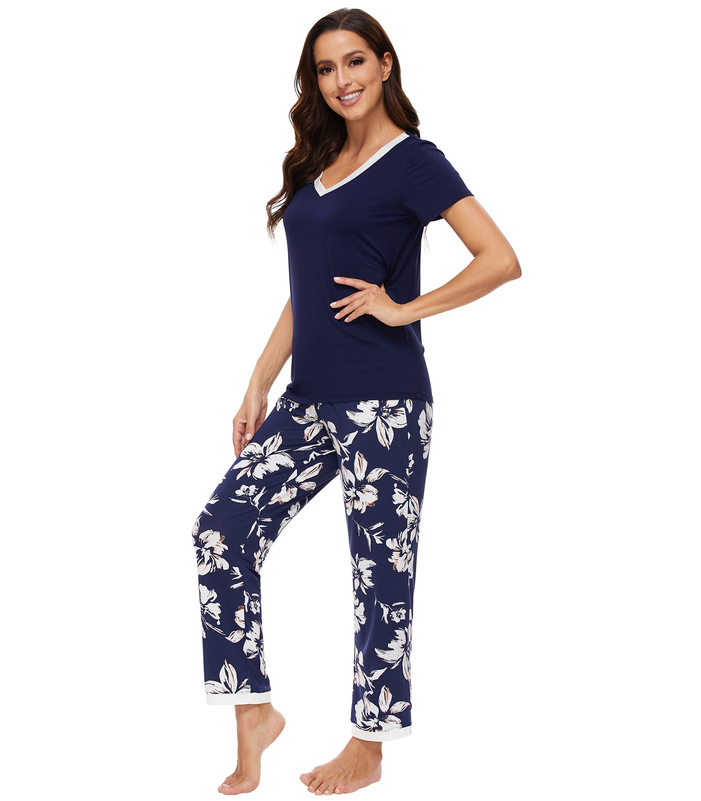 WiWi Bamboo Pajamas Set Soft Sleepwear Short Sleeve Top with Pant
