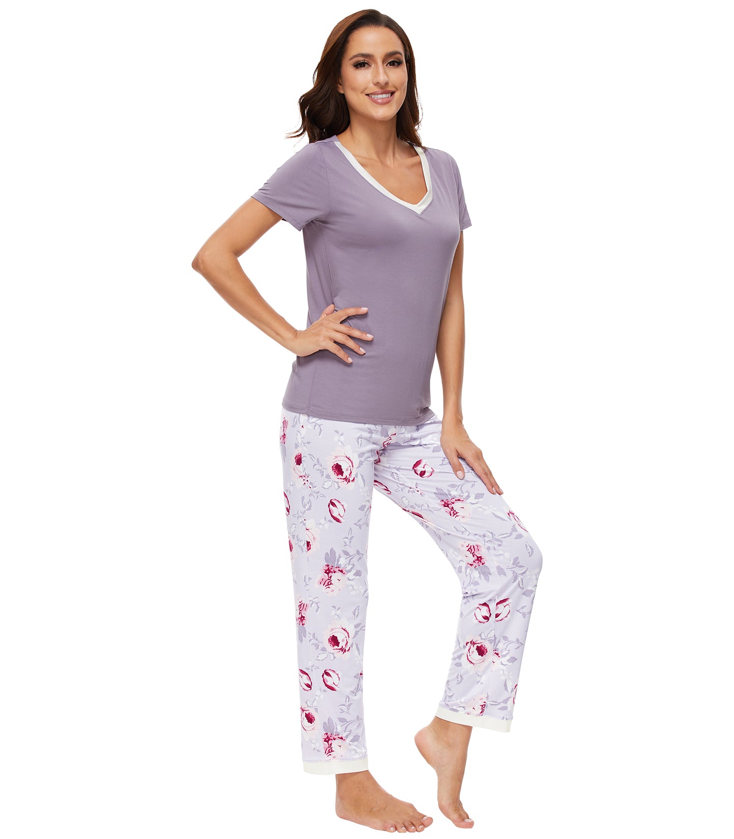 WiWi Bamboo Pajamas Set Soft Sleepwear Short Sleeve Top with Pant