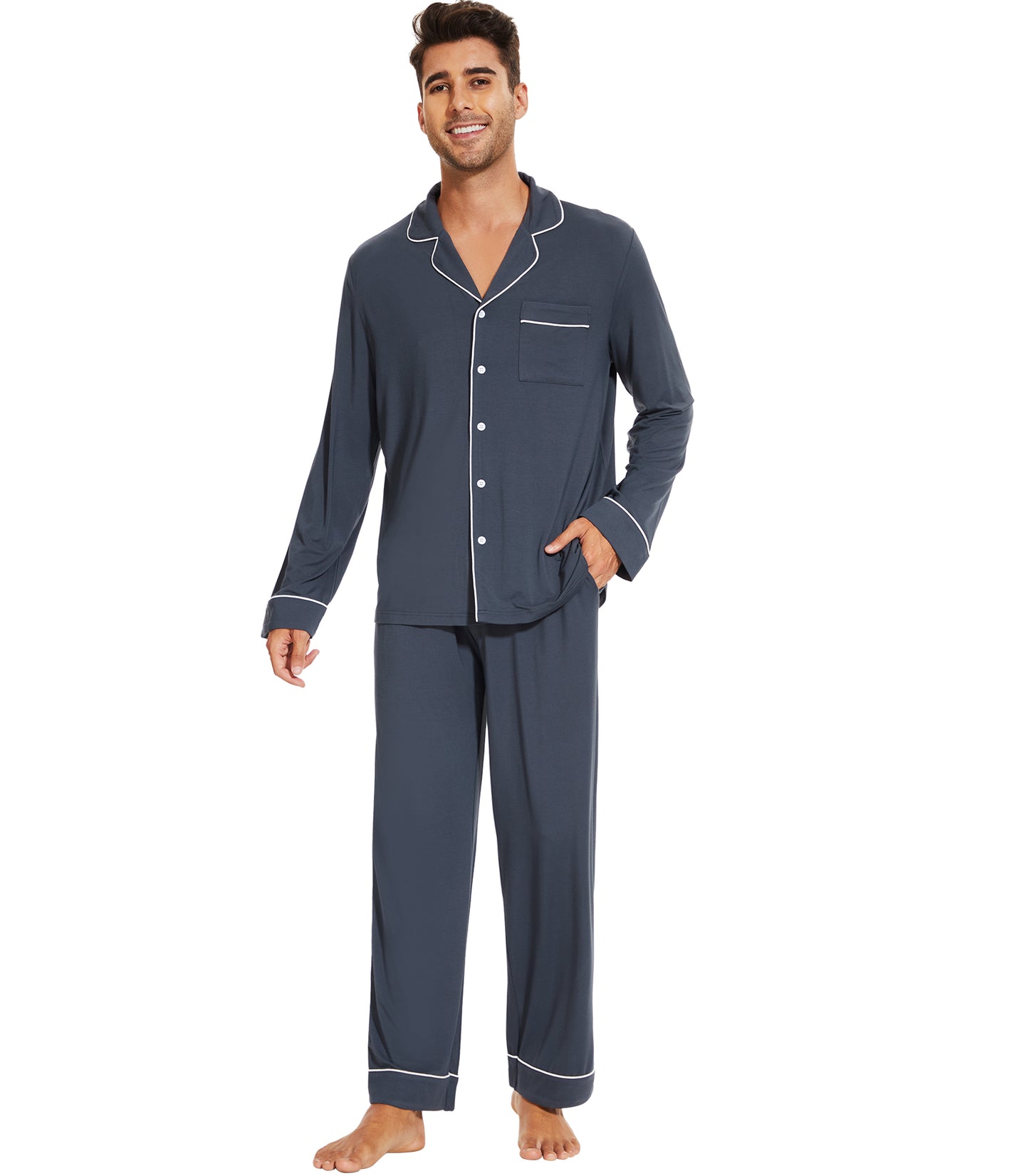 WiWi Bamboo Mens Pajamas Set Soft Button Down Cooling PJs with Pockets