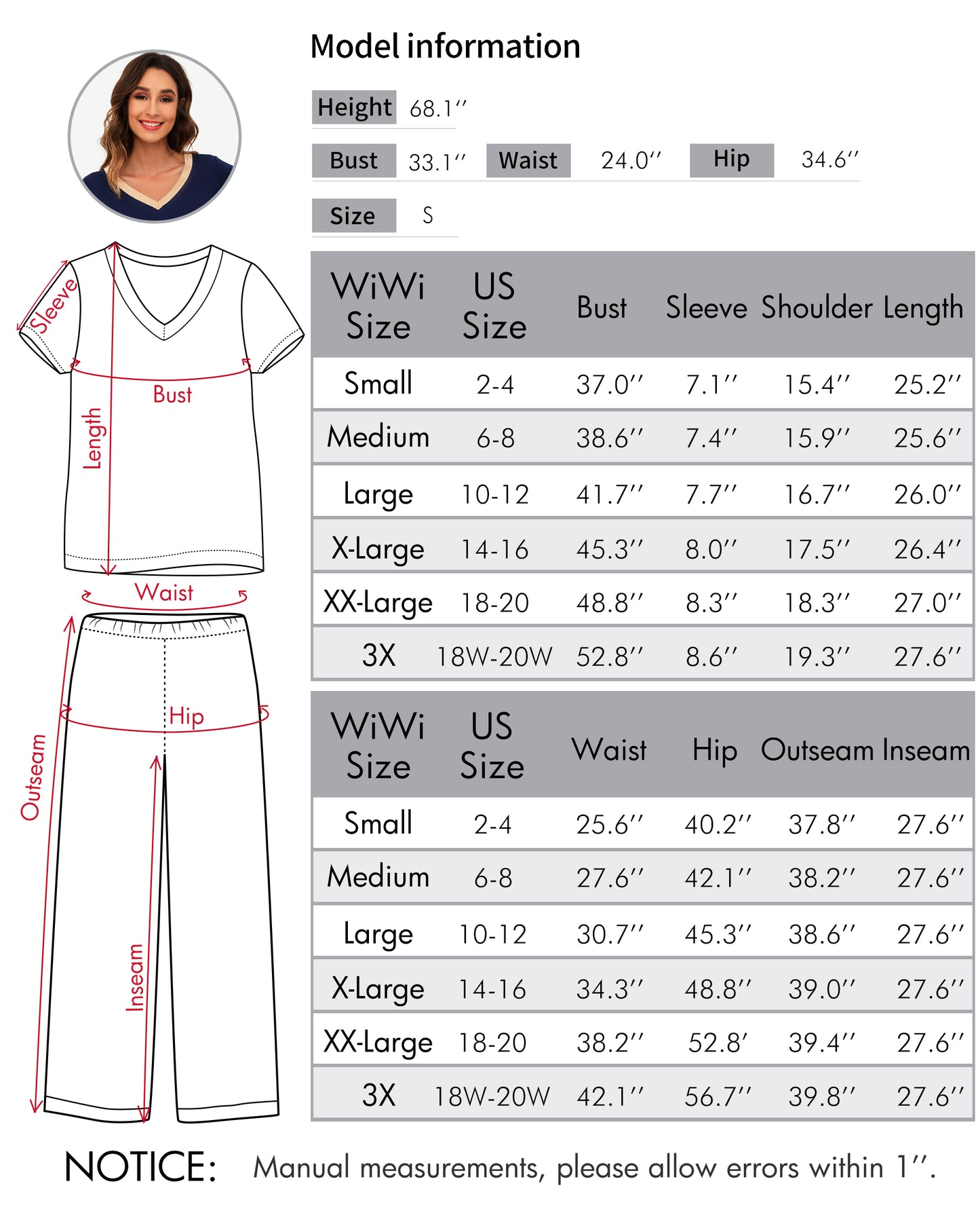 WiWi Bamboo Pajamas Set Soft Sleepwear Short Sleeve Top with Pant