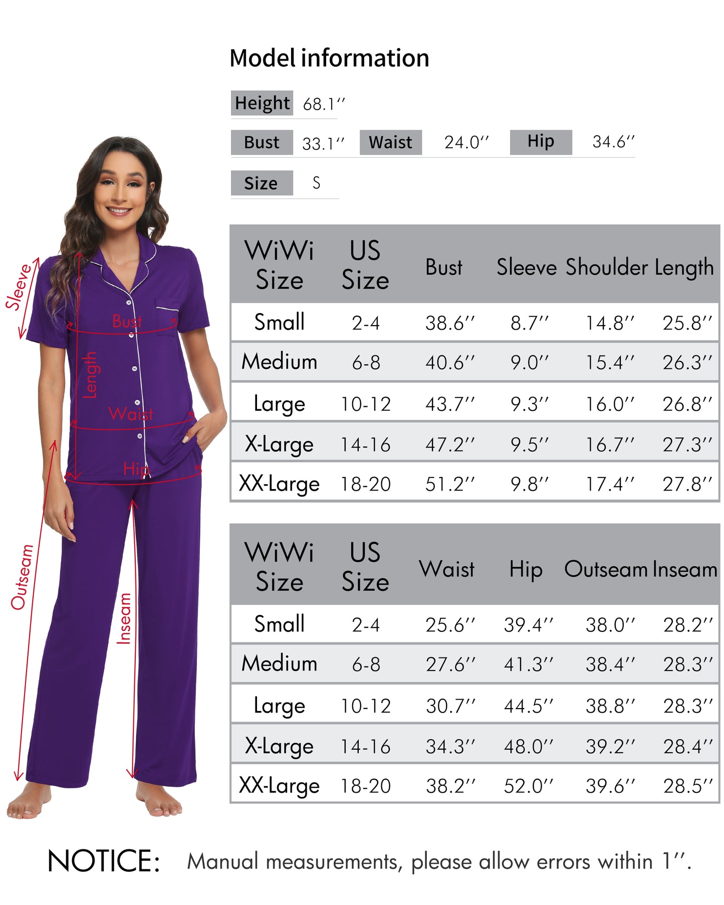 WiWi Womens Pajamas Set Soft Button Down Sleepwear
