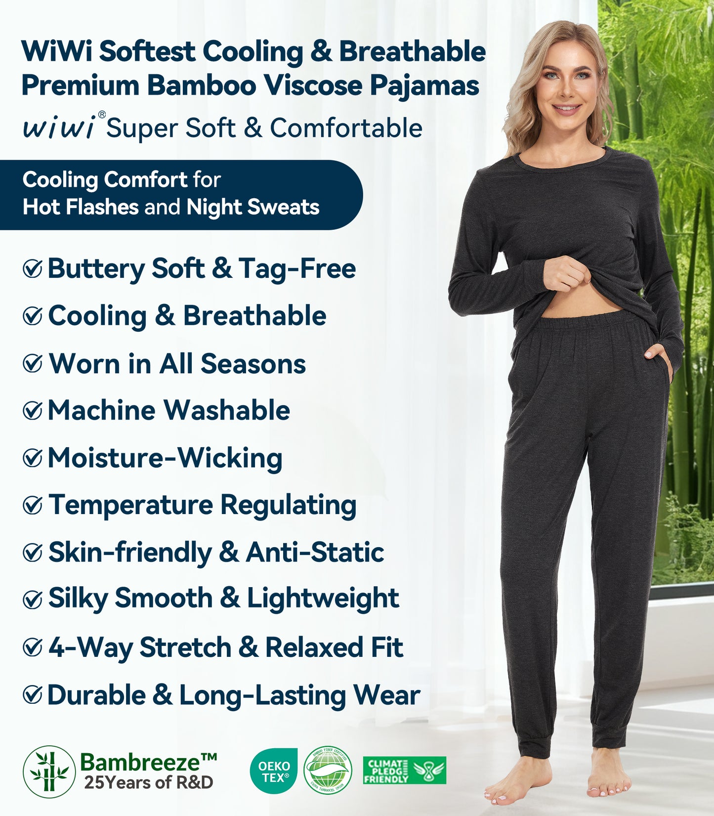 WiWi Women's Bamboo Pajama Sets Long Sleeves Top with Pants Loungewear Set