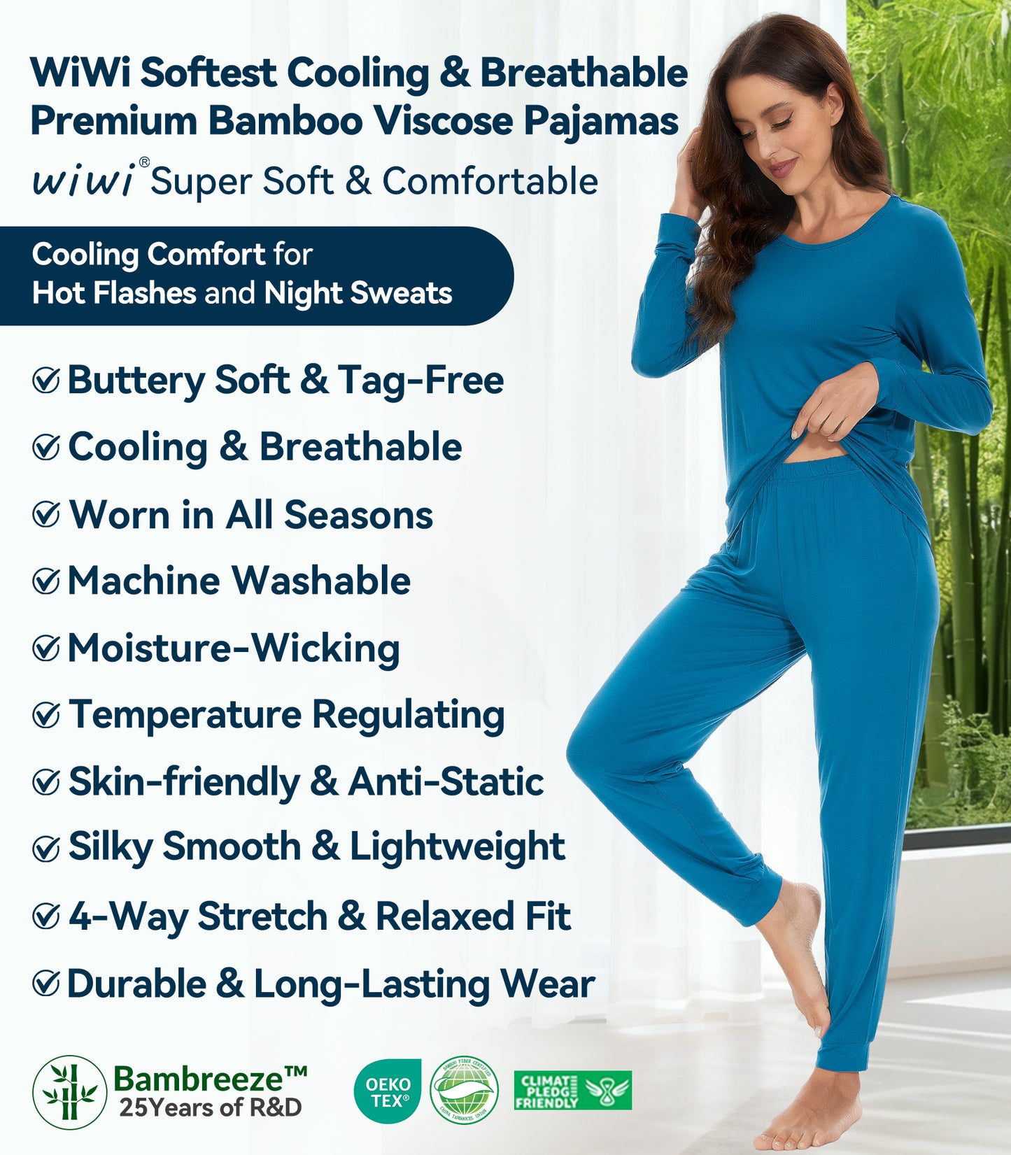 WiWi Women's Bamboo Pajama Sets Long Sleeves Top with Pants Loungewear Set