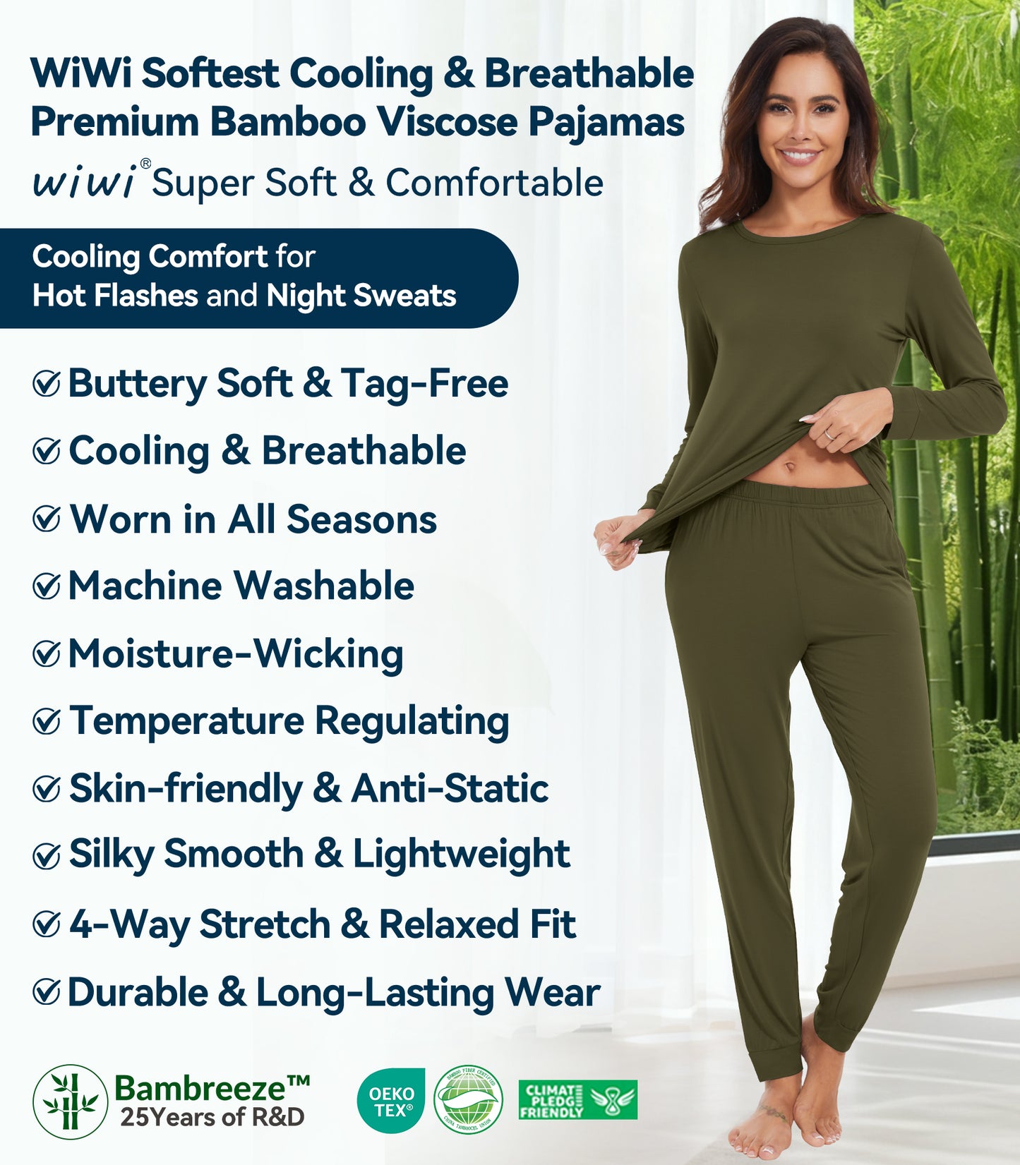 WiWi Women's Bamboo Pajama Sets Long Sleeves Top with Pants Loungewear Set