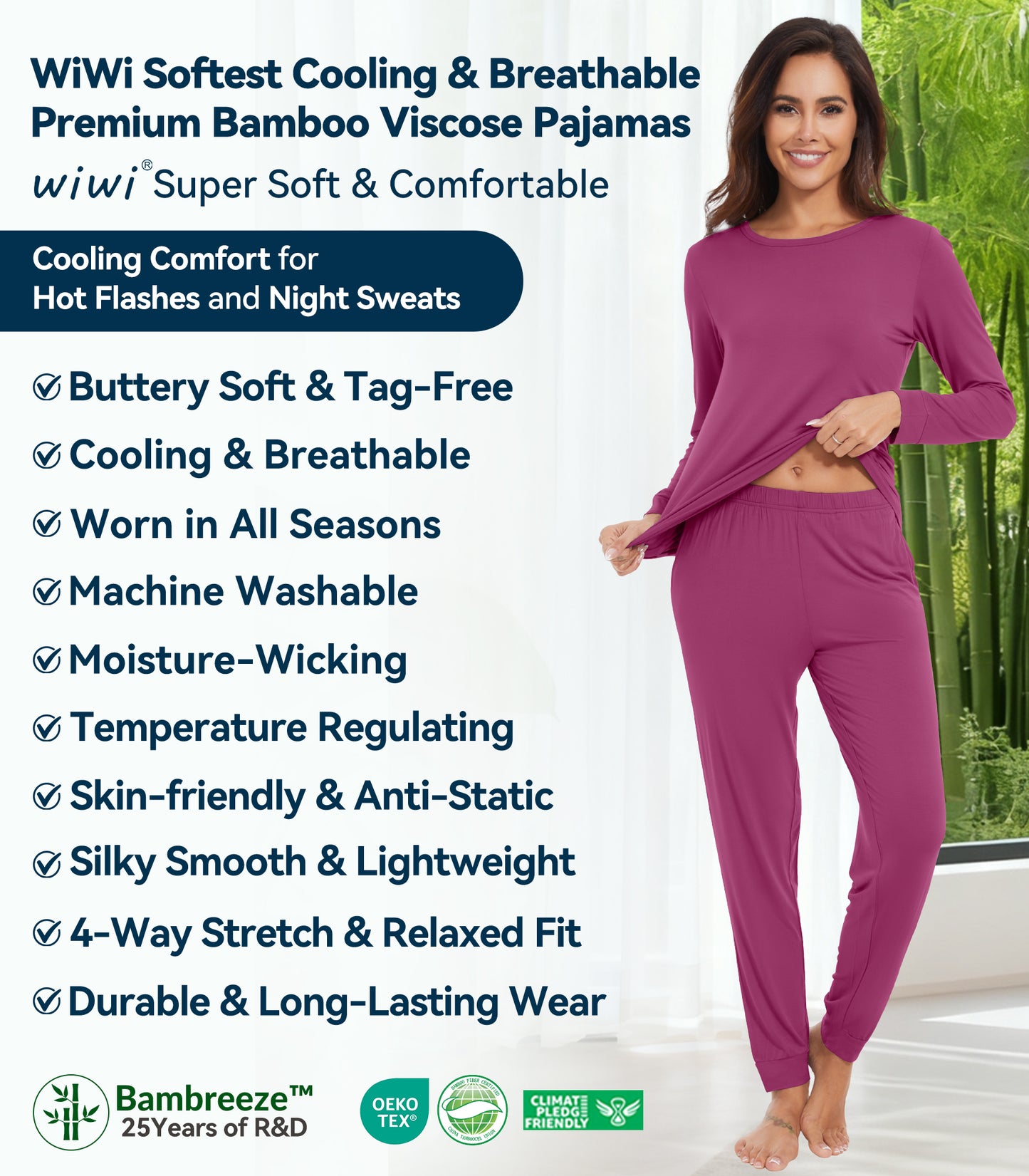 WiWi Women's Bamboo Pajama Sets Long Sleeves Top with Pants Loungewear Set